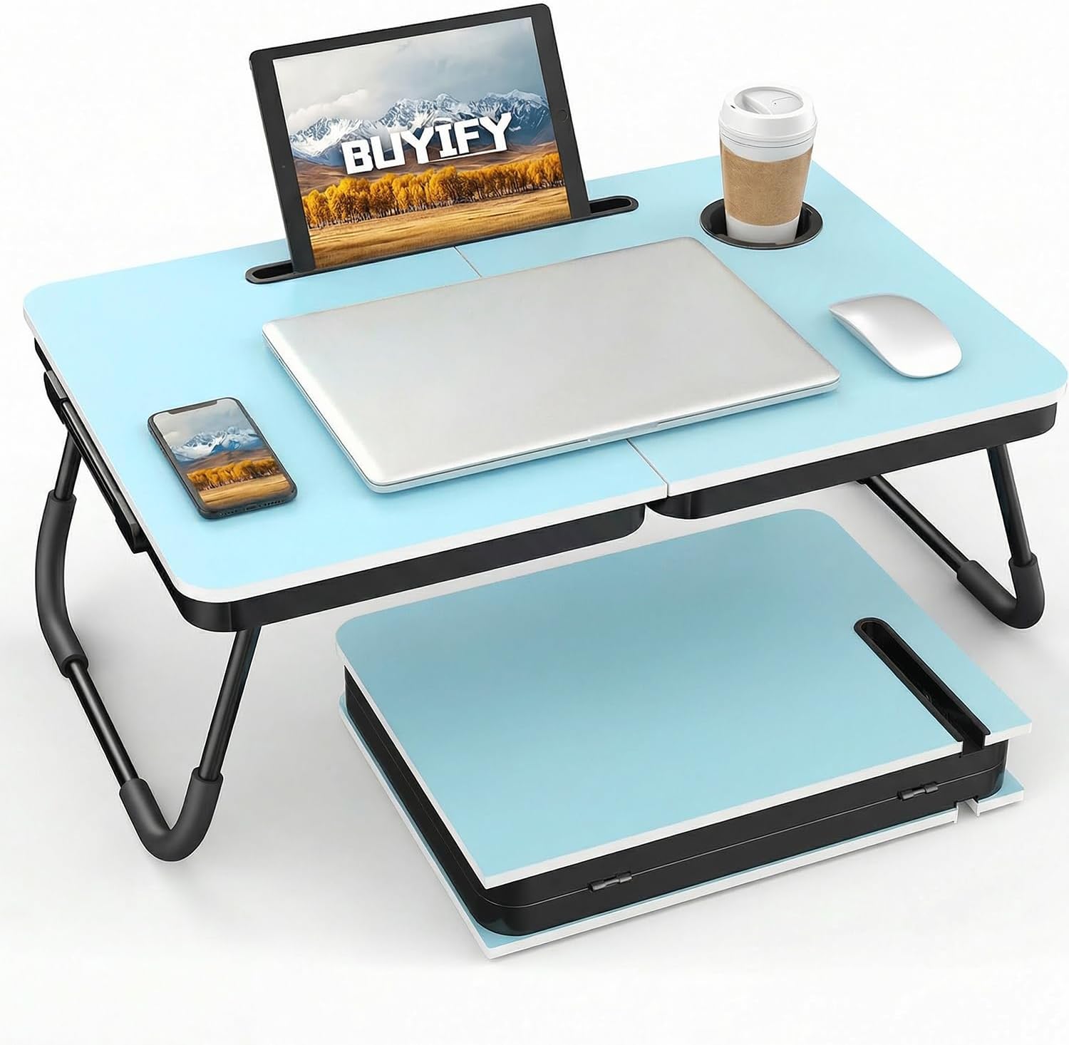 BUYIFY Foldable Laptop Bed Desk for Couch, Sofa – Large Lap Desk Tray Table with Cup Holder and Tablet Slot – Portable Notebook Stand for Eating, Writing, Studying and WFH (Blue)