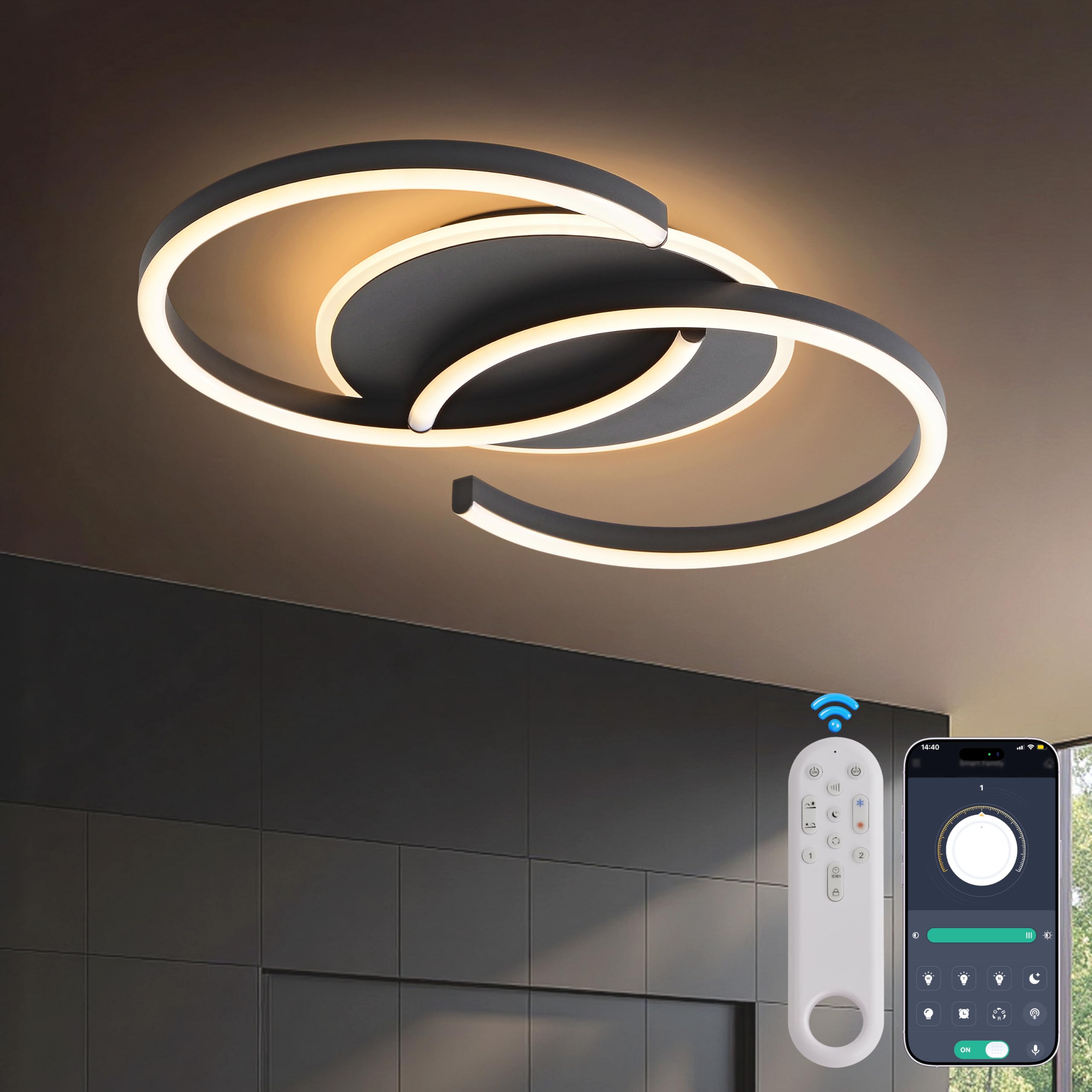 Deckenleuchte Dimmbar weiß schwarz „S“ 2-Ringe, 50cm 32W Farbtemperatur 3000-6000K, Helligkeit 3-32W, Mit Fernbedienung/Mobile APP, Schlafzimmerlampe, Wohnzimmerlampe, Memory-Funktion, 3W Nachtlicht