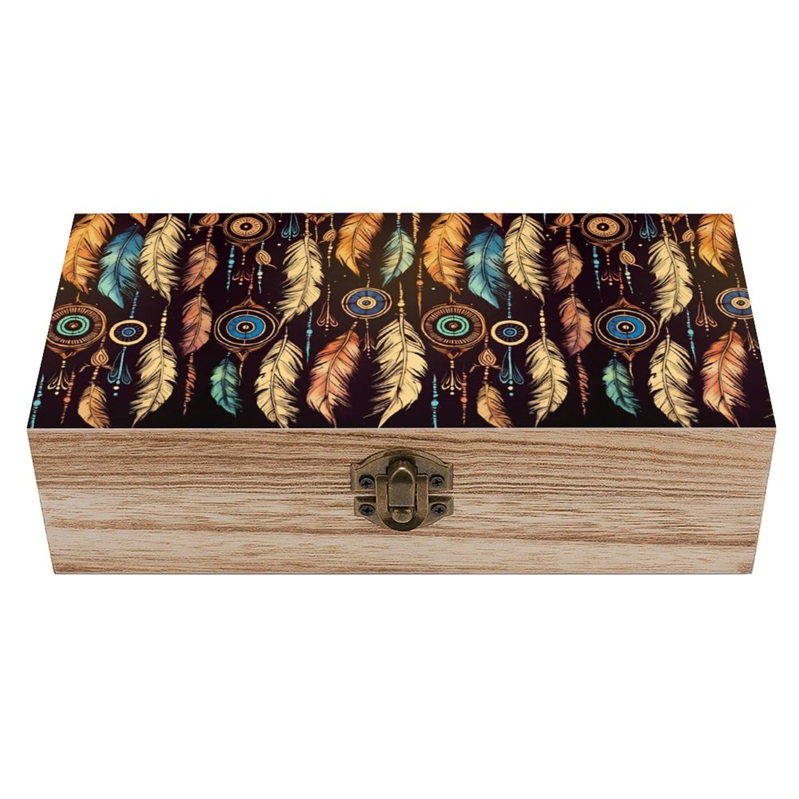 NTVOWPZO Wooden Storage Box Vintage Ethnic Tribal Feather Wood Gift Box with Hinged Lid Vintage Decorative Boxes Jewelry Memory Box for Jewelry Art Hobbies Home Storage Treasure Keepsake Gift