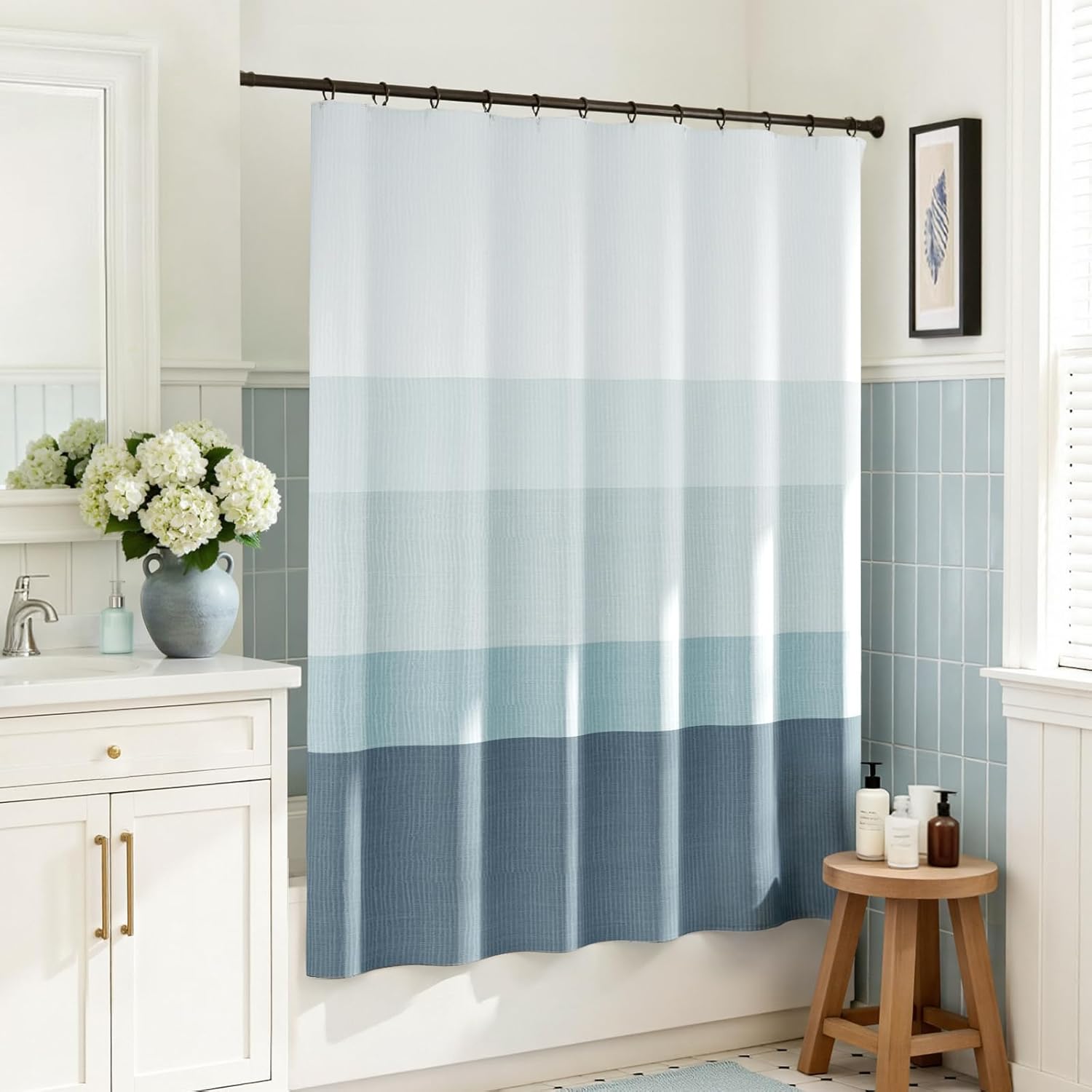 jinchan Ombre Ocean Blue Striped Shower Curtain Waterproof Fabric Bathroom Decor Minimalist Design Modern Neutral Gradual Color Water Resistant with 12 Metal Hooks 70x60 Inches