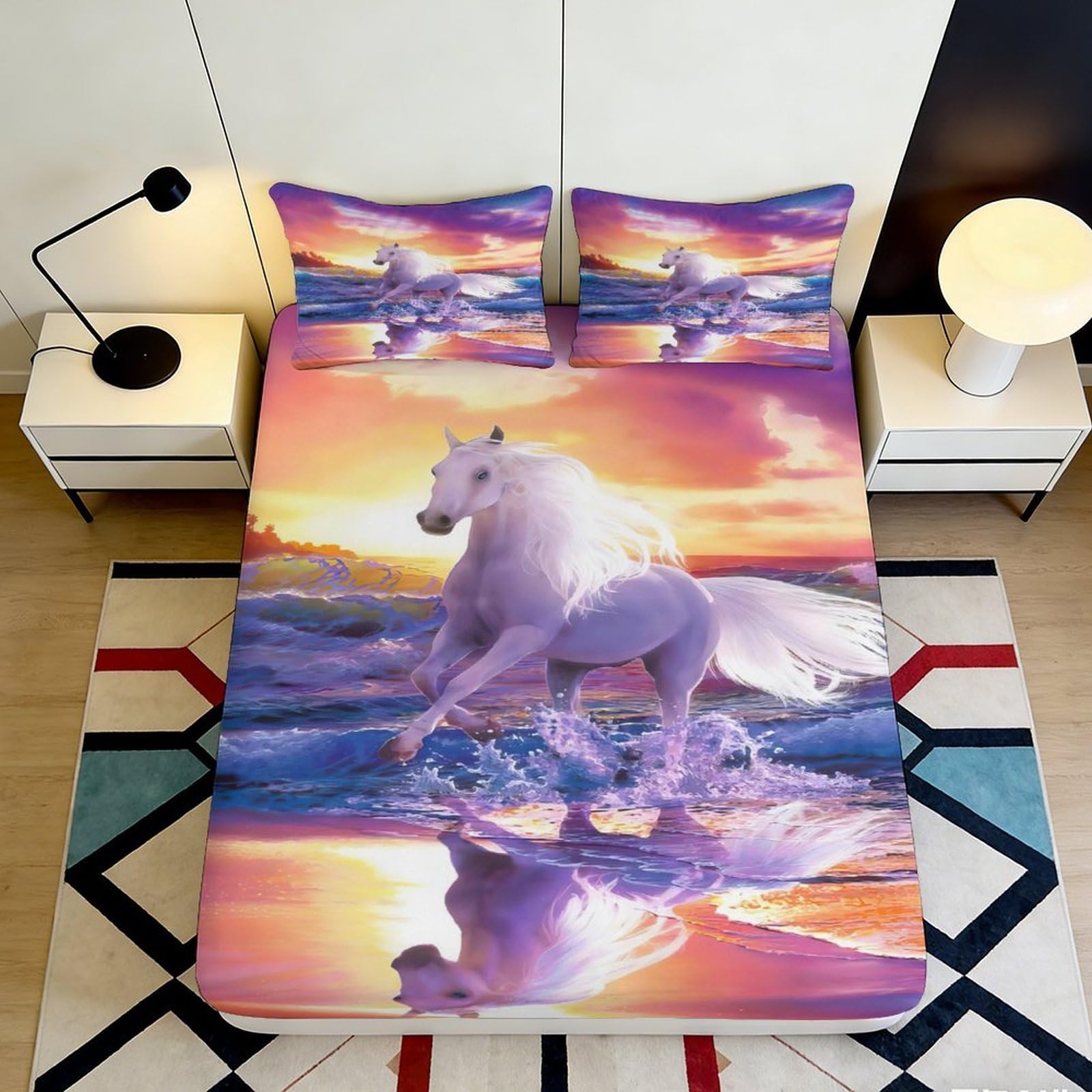 3D Printed Sunset Unicorn Fitted Sheet Microfiber Soft Anti-Slip Fantasy Ocean Mattress Cover for Bedroom Home Decor 90x200x25cm