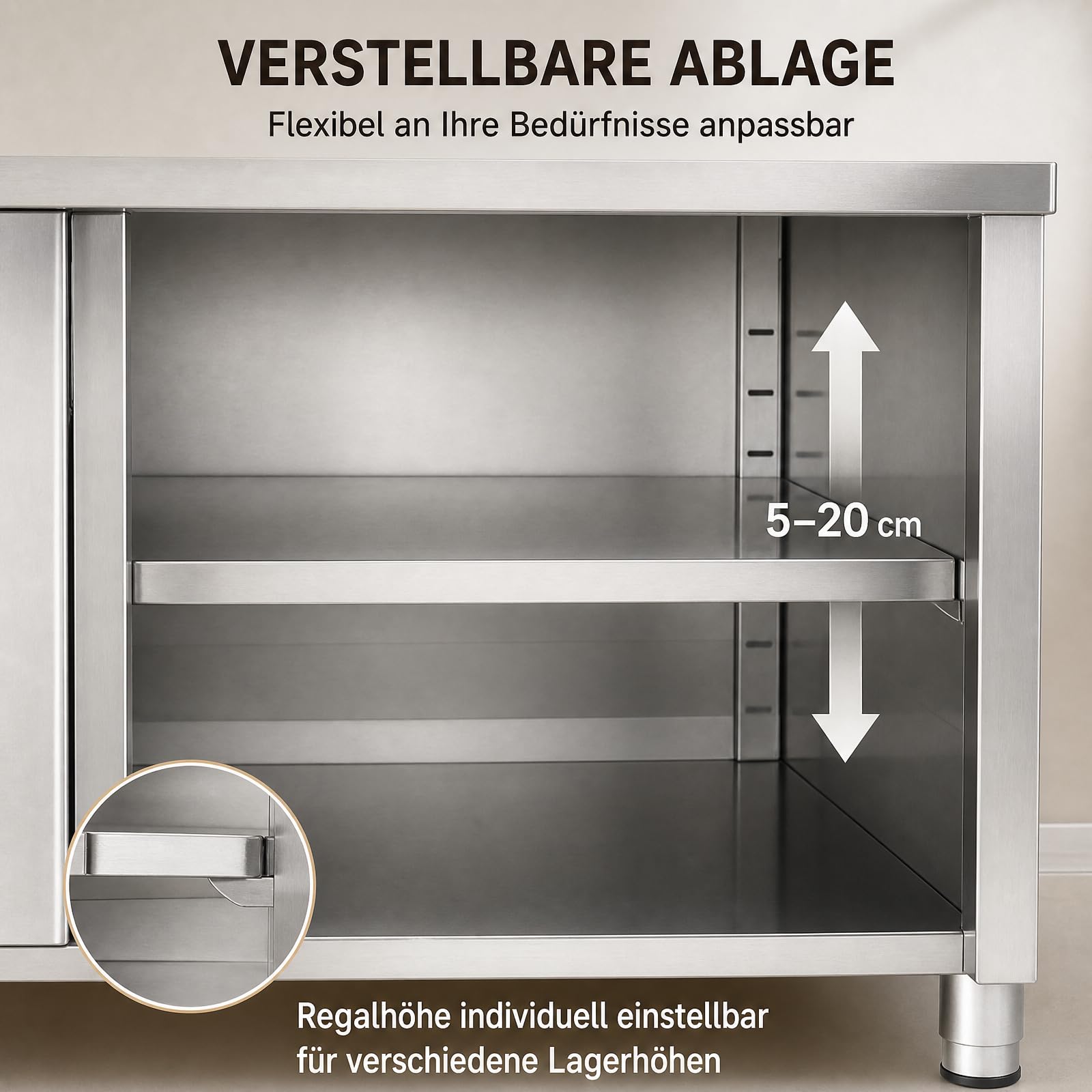Armario de cocina de acero inoxidable, 120 x 50 x 86 cm, acero inoxidable con puertas correderas y encimera, 5-20 cm, almacenamiento de altura ajustable, de pie, armario de trabajo de cocina, mesa de