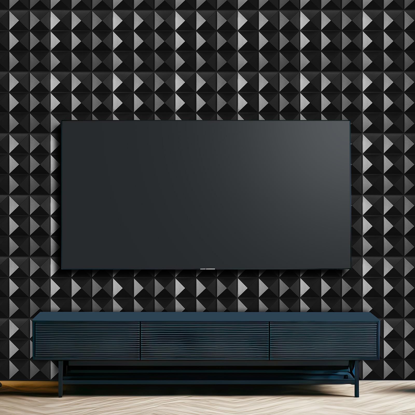 Fulmoon 50 Pcs 3D Wall Panel PVC Textured Wall Panels Decorative 12 x 12 Inches Wall Tiles for Living Room Lobby Bedroom Office Hotel Interior Wall Decor Ceiling Bathroom, Matte Black