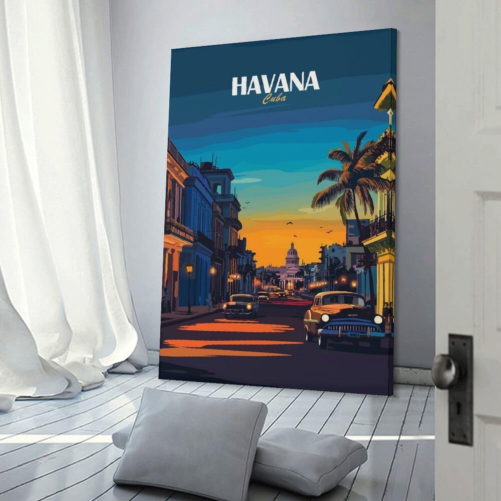 Junmoney Havana Cuba Cityscape Illustration Canvas Wall Picture, 20x30inch(50x75cm), for Home, Office, Studio Or Guest Room, A Flexible Wall Accent for Shared Spaces