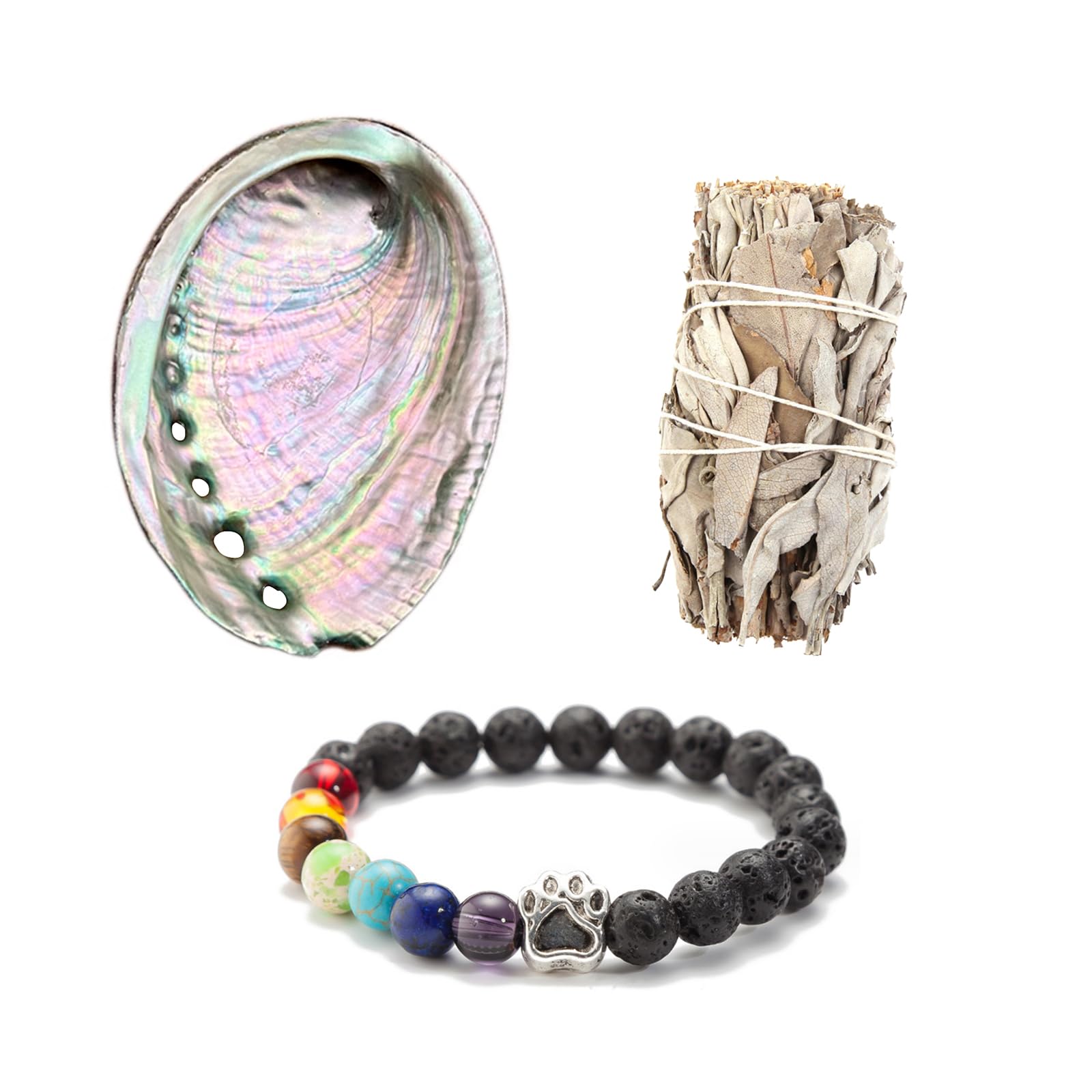 Sage Smudge Kit with Crystals Smudge Kit Abalone Shell Chakra Crystal Bracelet Premium Natural Abalone Shell with Smudging, Cleansing Home Meditation Shell Crafts Incense Holder Home Décor