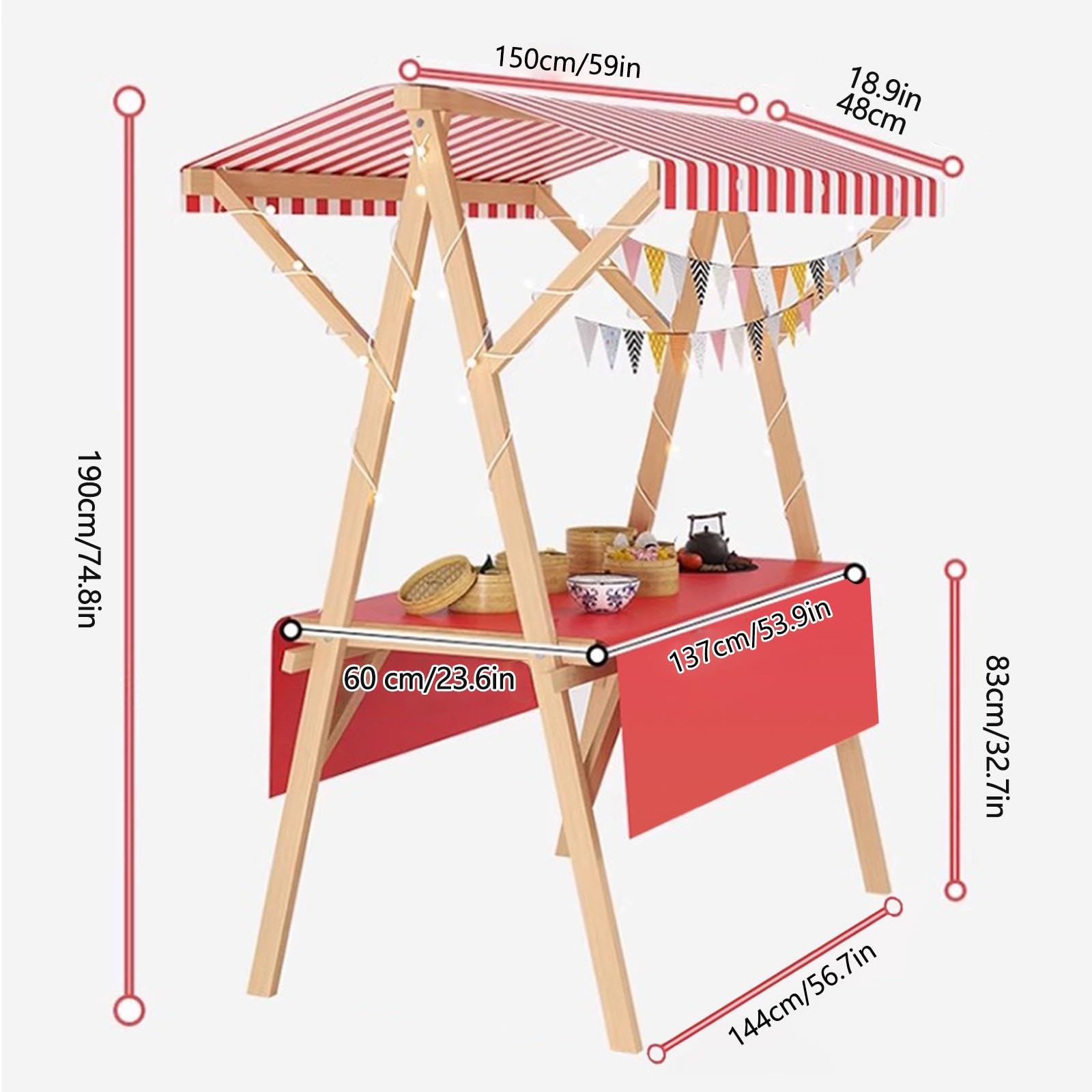 Carrello pieghevole in legno per esterni con ruote, perfetto per feste, matrimoni, compleanni, campeggio, 150 cm / 59in