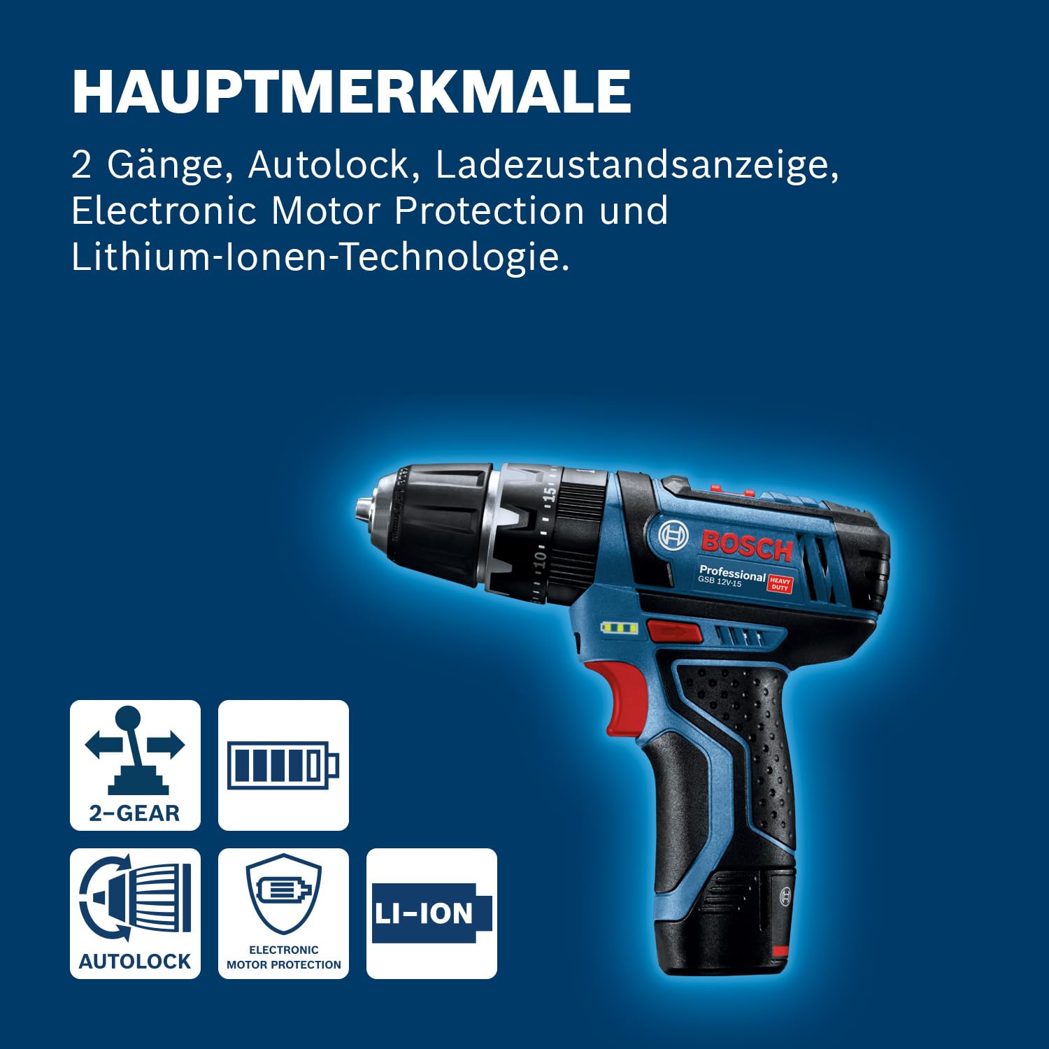 Bosch Professional 12V System Akku Schlagbohrschrauber GSB 12V-15 (Bohr-Ø Holz max: 19 mm, inkl. 2x 2.0Ah Akku + Ladegerät, 2x Bohrer-Set, 1x Bit-Set, Werkzeugtasche) - Amazon Exclusive