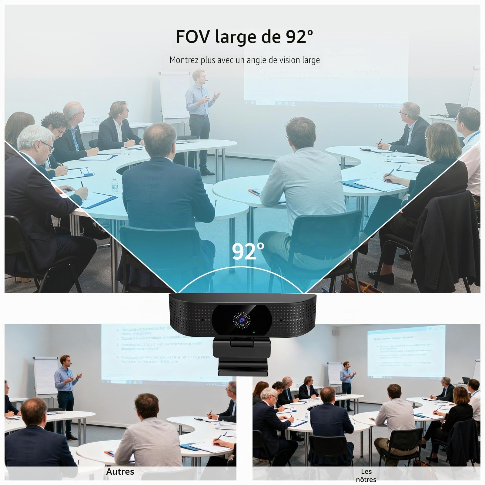 Webcam sans fil 1080p pour PC, webcam avec micro antibruit, alimentation