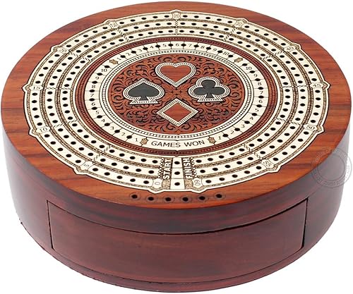 Miniatura 5 de House of Cribbage - Tabla de cuna no continua de 3 pistas de forma redonda - Cajón de almacenamiento para clavijas y 1 baraja de cartas con campos