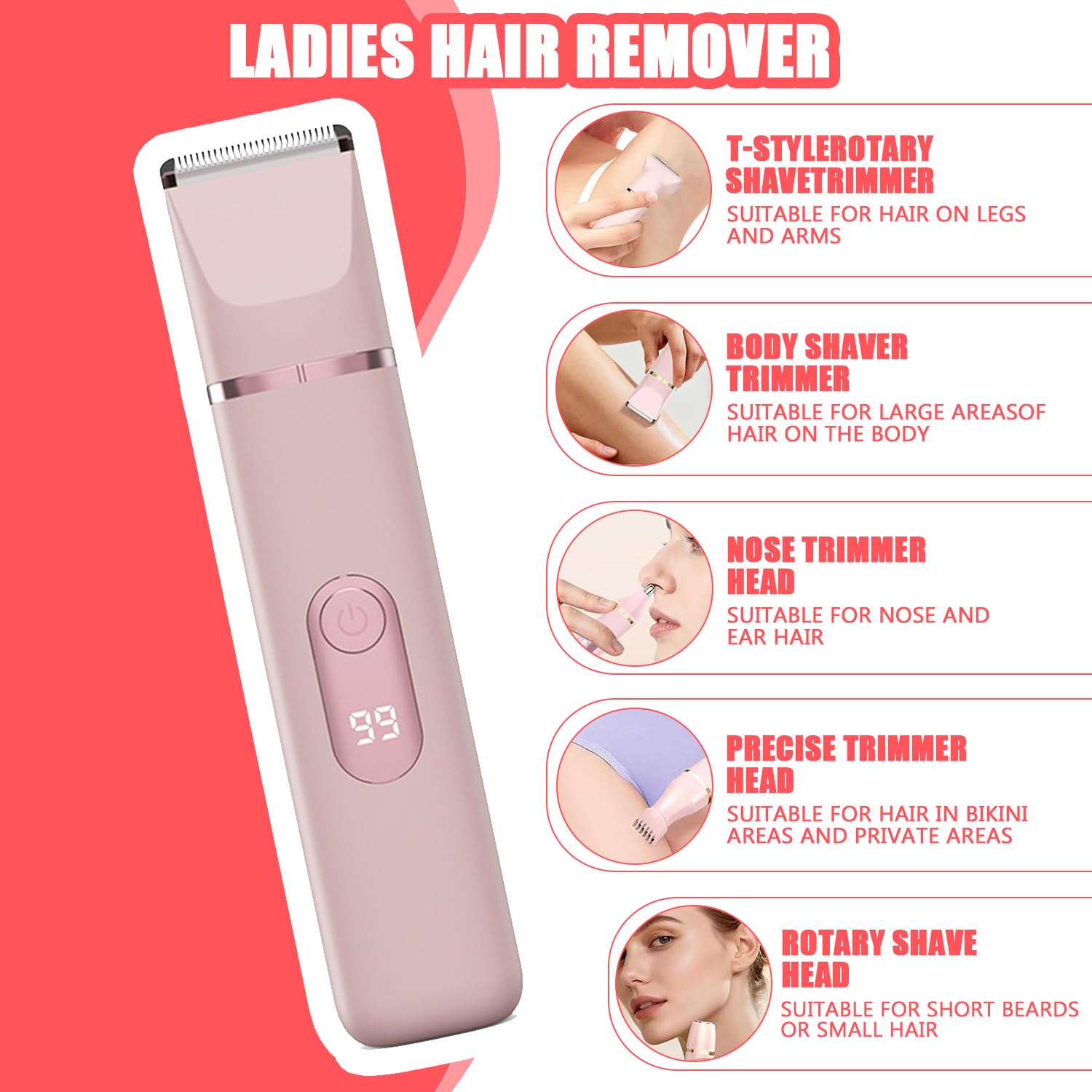5-In-1 Rasierer Damen, Elektrisch Intimrasierer Für Frauen, Elektrischer Damenrasierer Gesichtshaarentferner,Für Körper Intimbereich Mit Led-Anzeige,IPX7 Wasserdicht Wiederaufladbar,Nass & Trocken