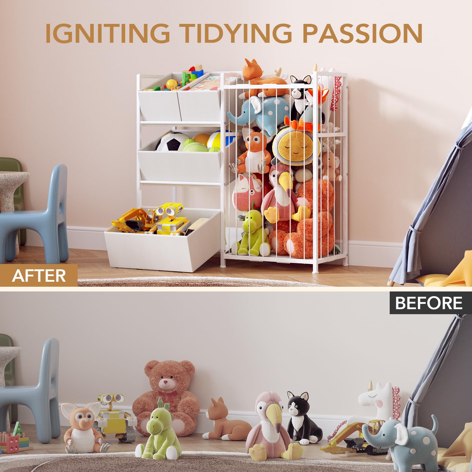 BBLIKE Almacenamiento de juguetes, juguetes de peluche, muebles de habitación infantil, estantería de almacenamiento con 4 cajas, estantería para dormitorio, sala de juegos y habitación infantil