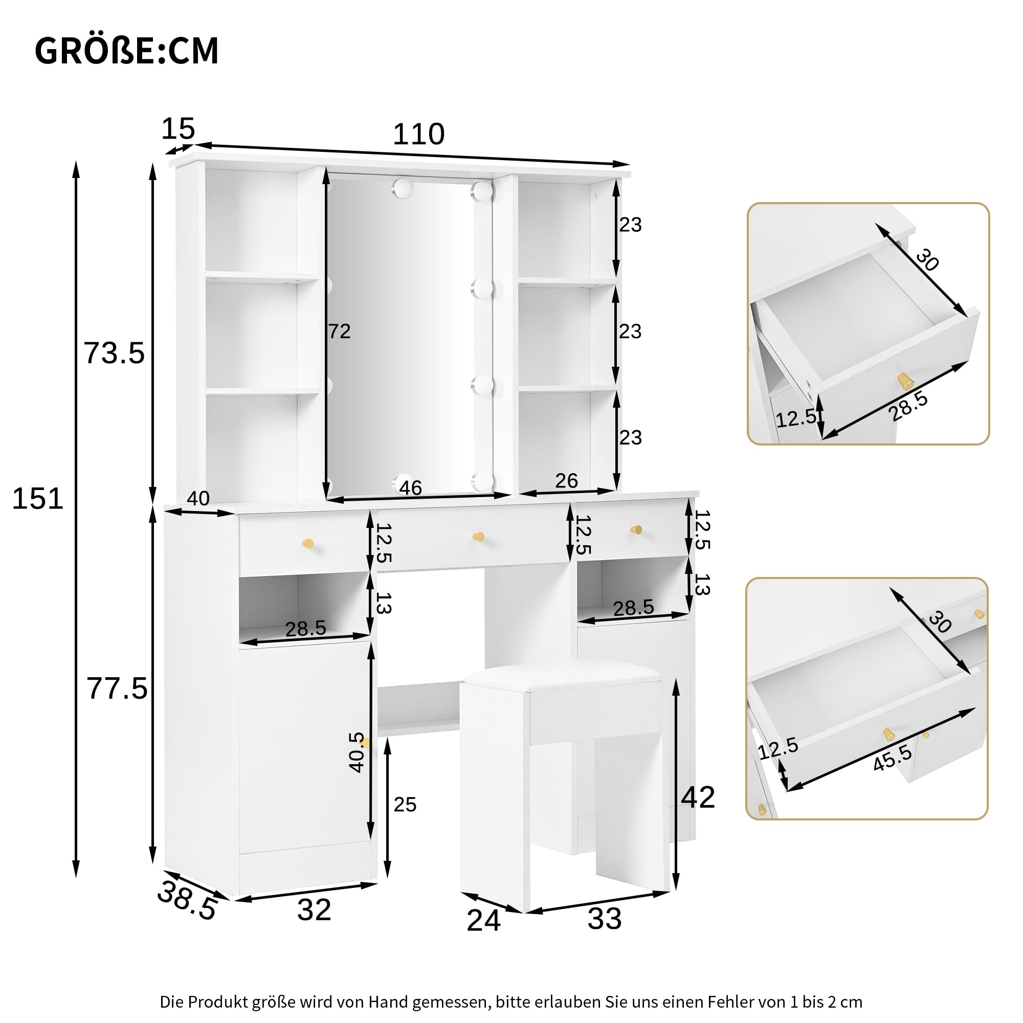 Große Schminktisch mit Verstellbaren LED-Beleuchtung, Make-up Tisch mit Spiegel & Hocker, 110×40×151cm, Schminktisch-Set mit 3 Schubladen und 2 Türen für Schlafzimmer, Weiß