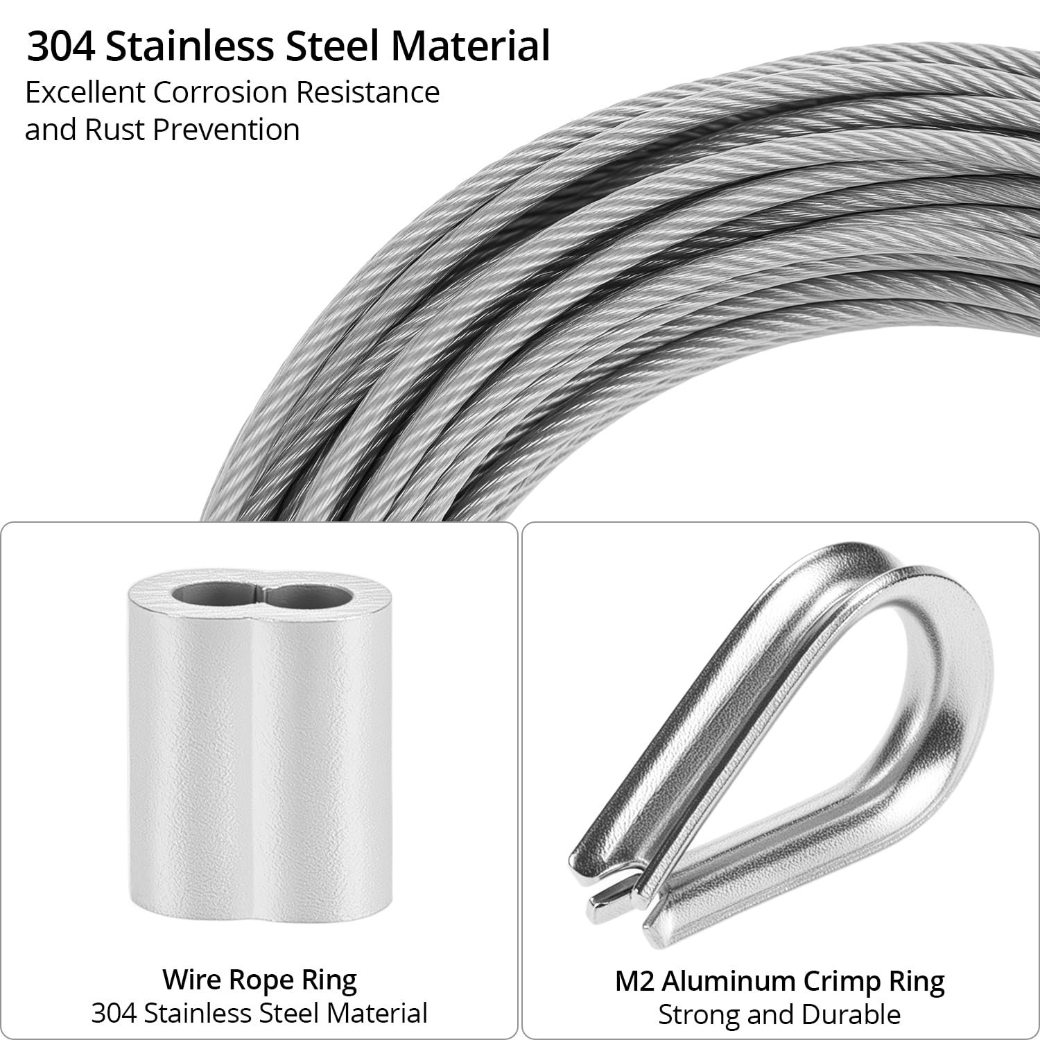 QWORK Edelstahldrahtseil 20m / 2mm, Set Mit Crimphülsen, Befestigungselementen, Für Zeltleinen Und Wäscheleinen