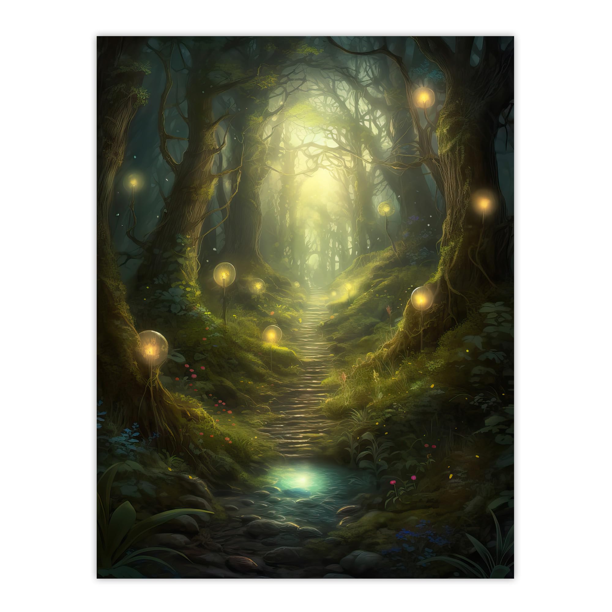 Artery8 - Oil Painting Wall Art Print - Enchanted Forest Path - W18" x H24" - Green