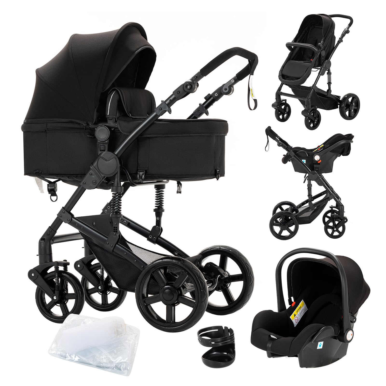 Kombikinderwagen 3 in 1 Mit Zwei Umkehrbaren Schiebemodi, Ein-Klick-Faltdesign, Komplettset Mit Rahmen Aus Aluminiumlegierung (588 Black)
