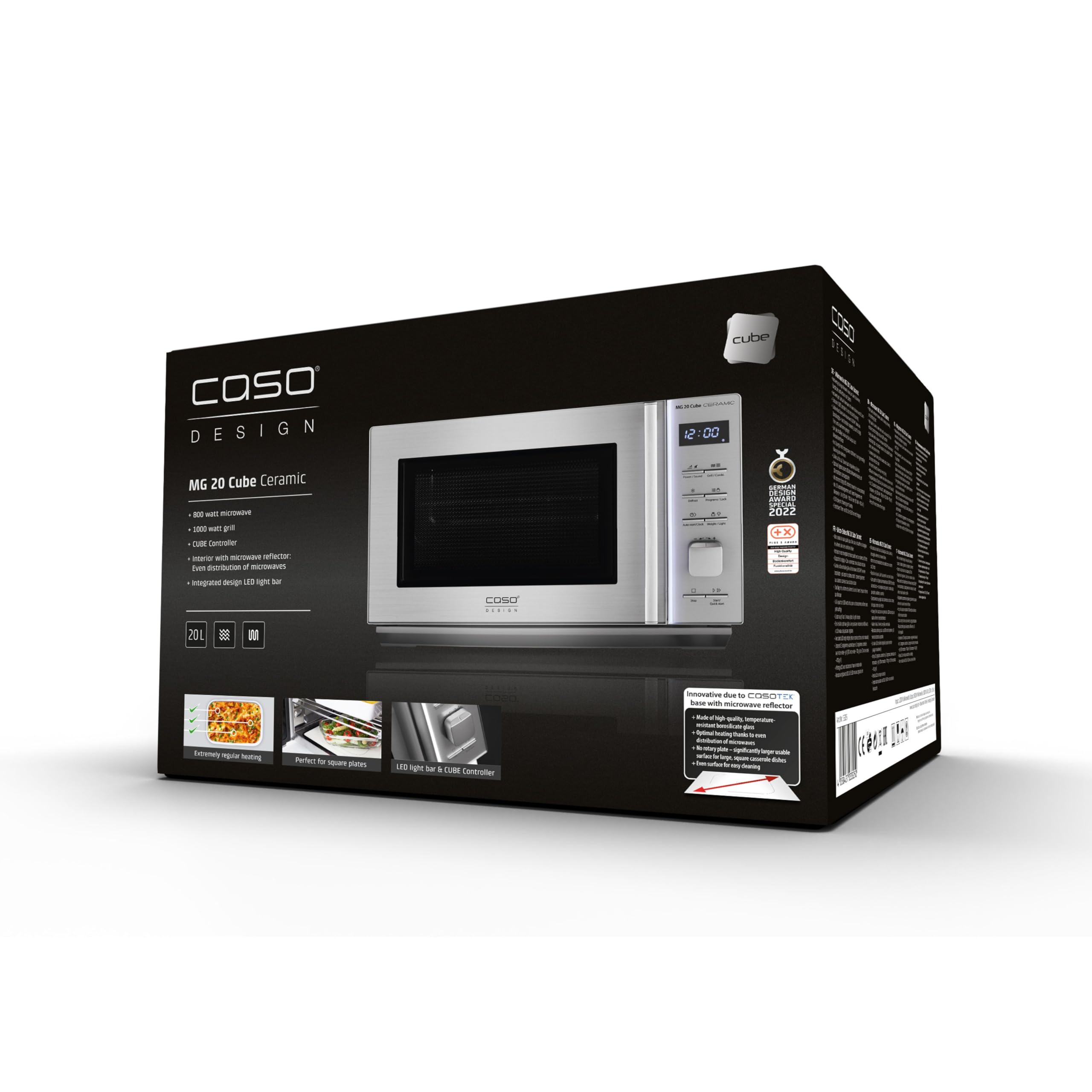 CASO MG 20 Cube Ceramic - Microondas 2 en 1 sin plato giratorio con grill de 1000W - Capacidad de 20L - 13 programas automáticos - con bloqueo para niños - Caso CUBE Controller - plateado