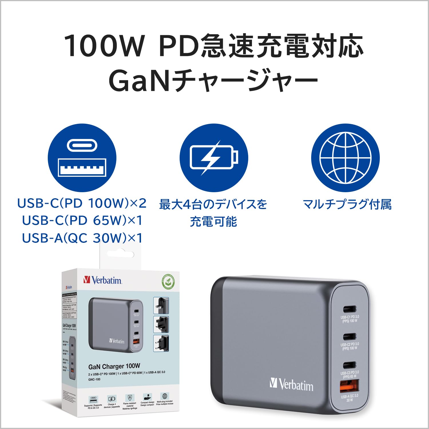 GNC-100 GAN Charger 100 W with 2 x USB-C® PD 100W / 1 x USB-C® PD 65W / 1 x USB-A QC 3.0 (EU/UK/US)