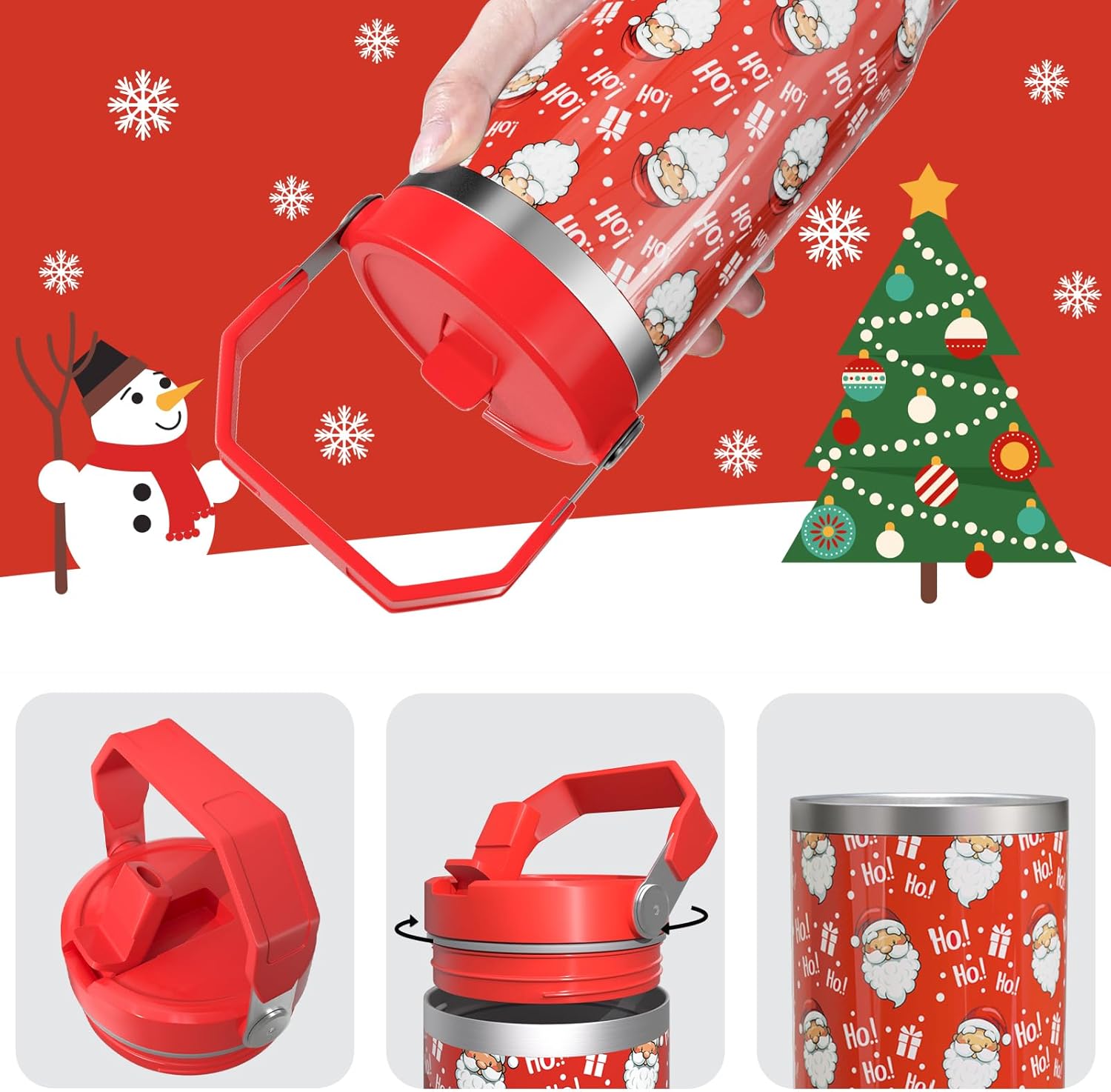 Christmas Red Gifts for Women Men, 30 Oz Tumbler with Top Handle and Flip Straw, Xmas Santa Claus Stainless Steel Insulated Travel Coffee Cup, Winter Holiday Water Bottle for Him Her - Image 5
