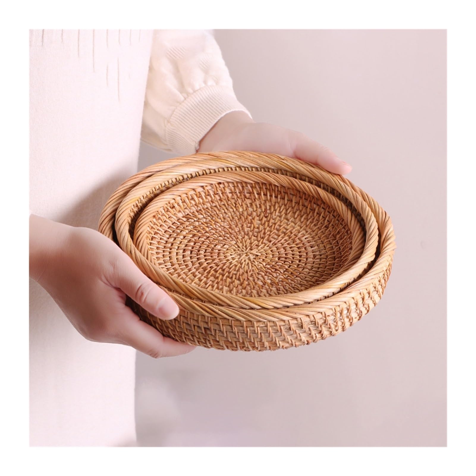 10" Handmade Rattan Bread Baskets Natural Woven Round Wicker Fruit Serving Storage Bowls for Kitchen Counter Household Organizing Set of 3