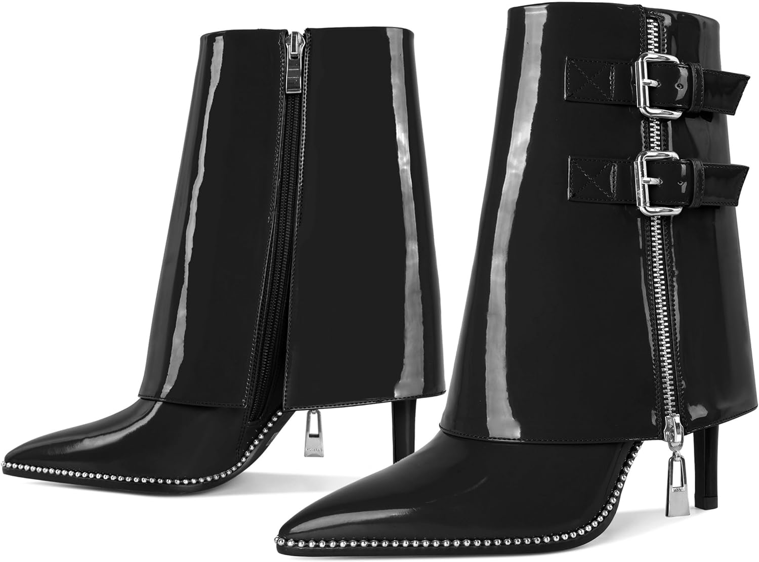 Eldof Ankle Boots for Women Fold Over Stiletto High Heel Pointed Toe Beaded Fall Short Booties Buckle Strap Side Zipper 3.5 Inches