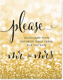 Andaz Press Wedding Party Signs, Glitzy Gold Glitter, 8.5x11-inch, Please Highlight Your Favorite Bible Verse for the New Mr. & Mrs., 1-Pack