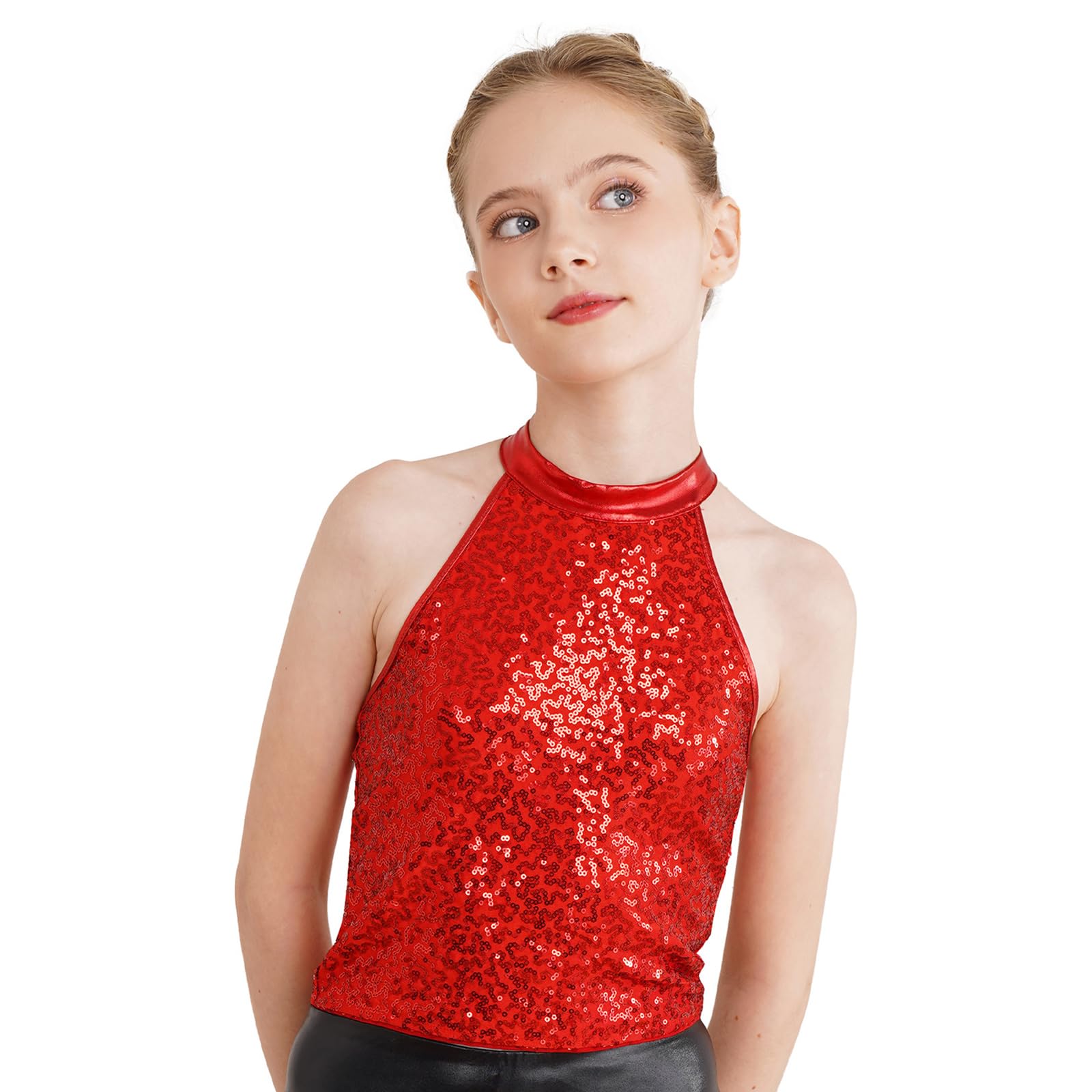 JanJean Girls Kids Shiny Metallic Cutout Back Jazz Hip Hop Dance Tank Top Halter Neck Tees Ballroom Costume Red 10 Years