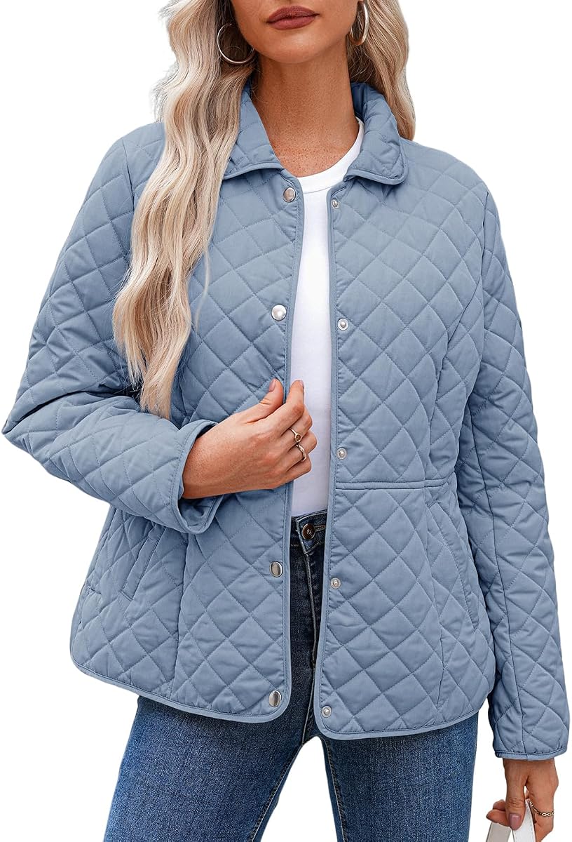 Dokotoo Women's Winter Quilted Jackets Long Sleeve Button Down Diamond Puffer Jacket Outerwear Coats with Pockets