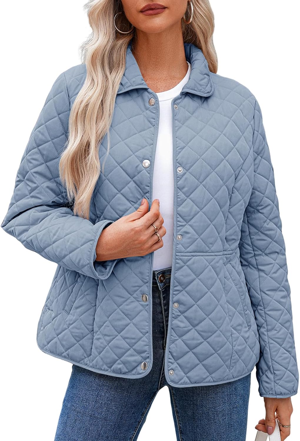 Dokotoo Women's Winter Quilted Jackets Long Sleeve Button Down Diamond Puffer Jacket Outerwear Coats with Pockets