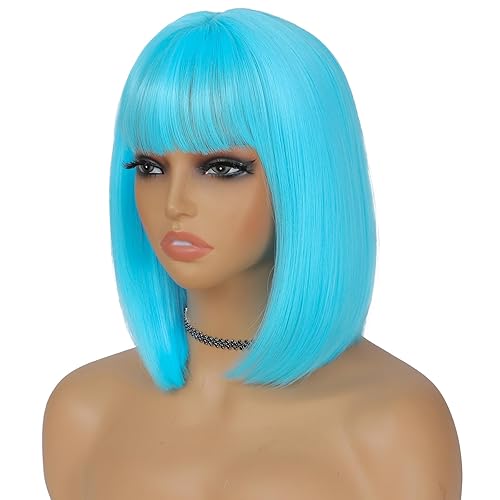 Miniatura 8 de MINLEE Peluca rubia ombré con flequillo para mujer, peluca corta ondulada de 14 pulgadas, pelucas de cabello rubio degradado, pelucas sintéticas