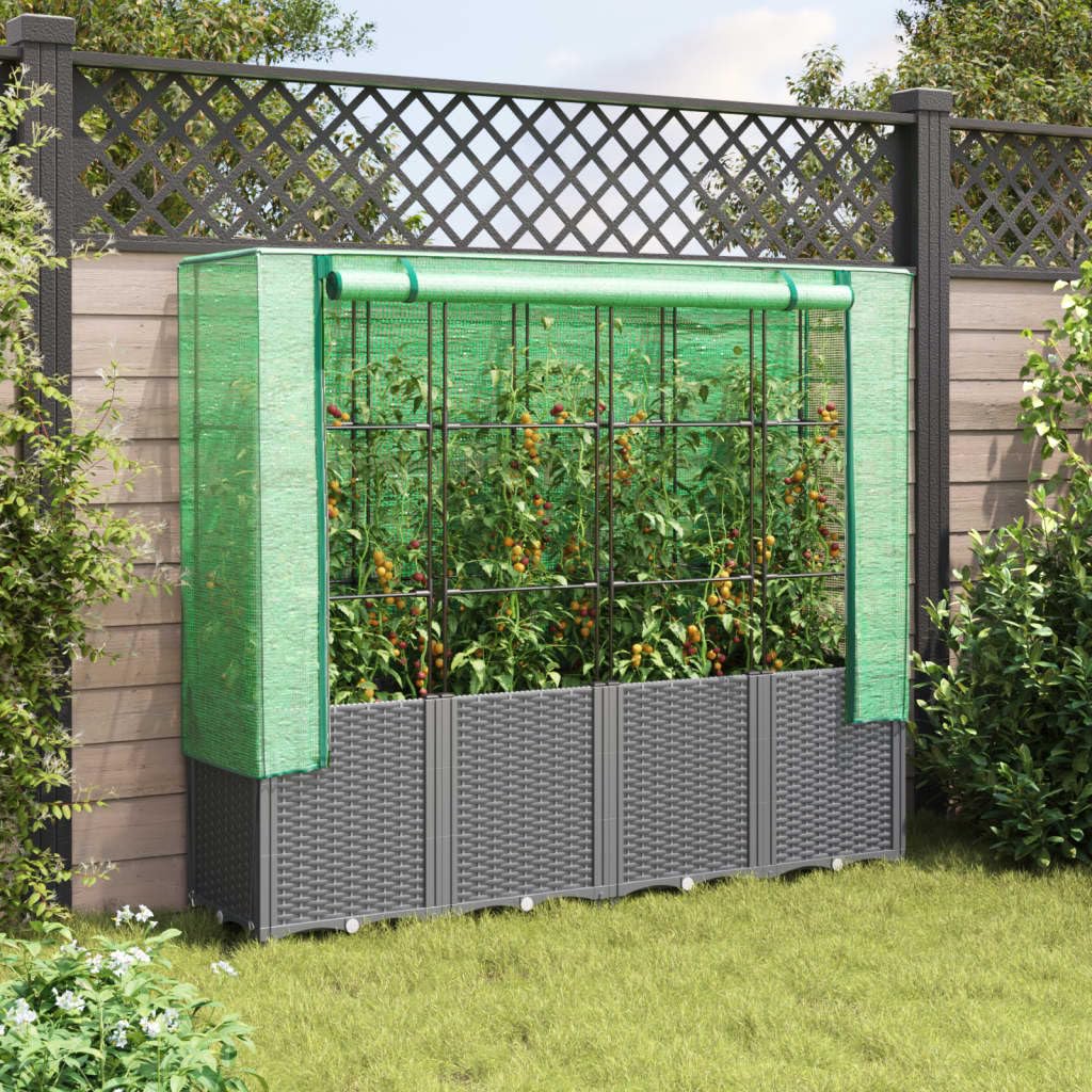 Letto Rialzato con Copertura Serra Effetto Rattan 160x40x153 cm per Coltivazione di Piante, Fiori, Erbe Aromatiche in Giardino, Terrazzo, Balcone e Veranda