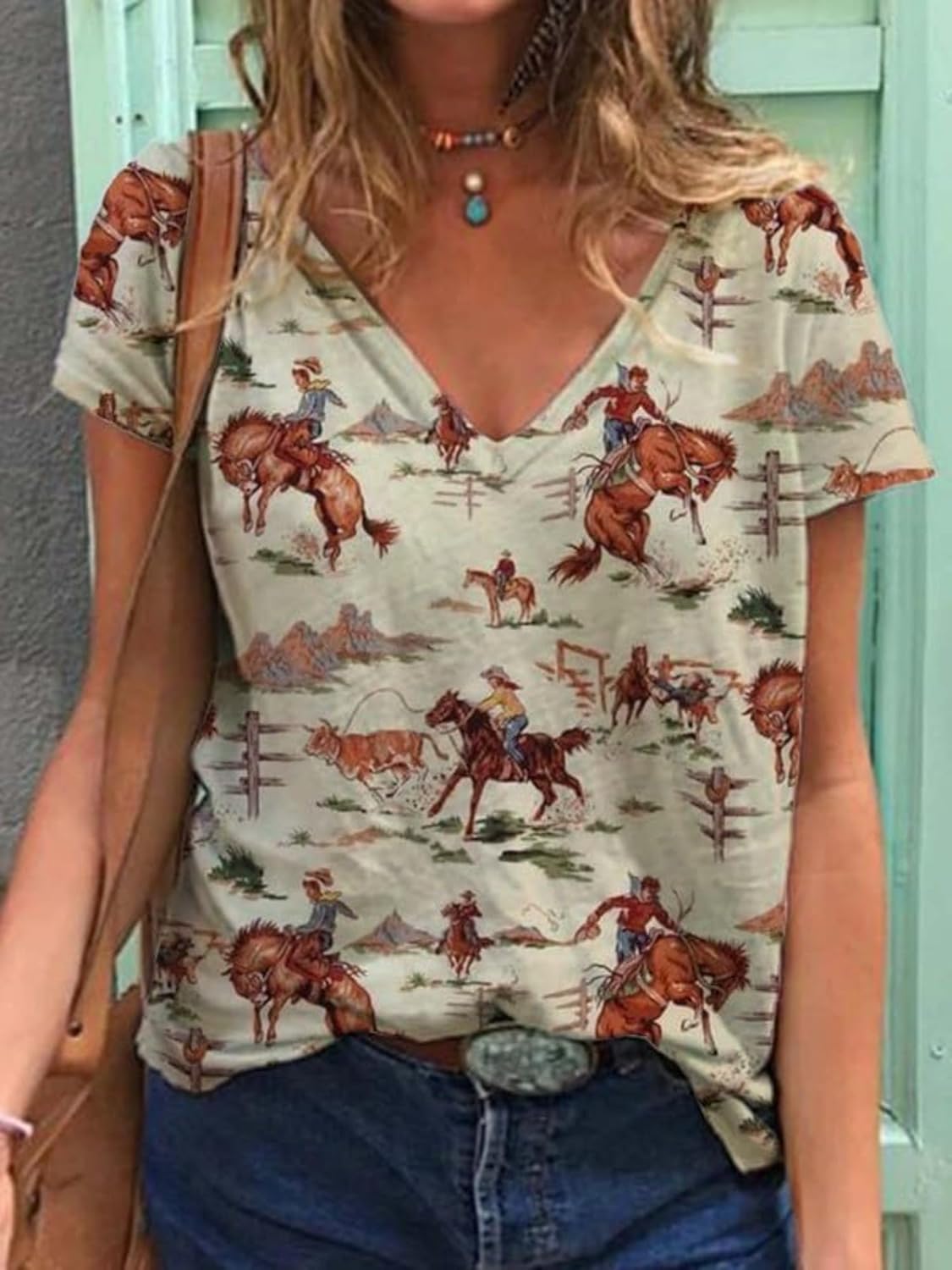 Women's Western Cactus Horse V-Neck T-Shirts Tops Vintage Pattern T-Shirt Novelty Short Sleeve T-Shirt Top - Image 2