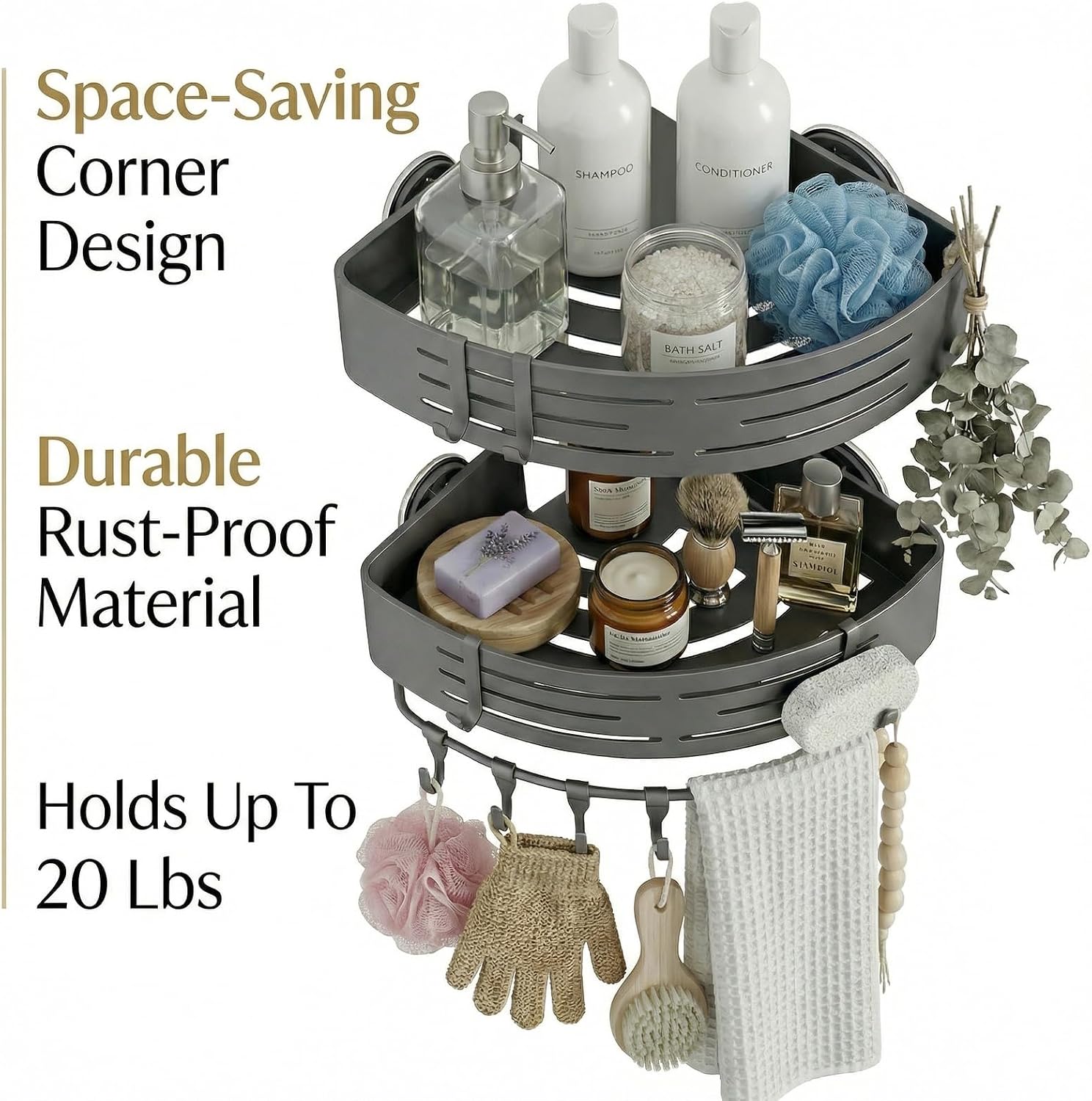 2 Pack Corner Shower Caddy, Suction Cup Shower Shelf with Removable Hooks, No Drill Aluminum Bathroom Organizer for Shower Storage and Organization (Gray)
