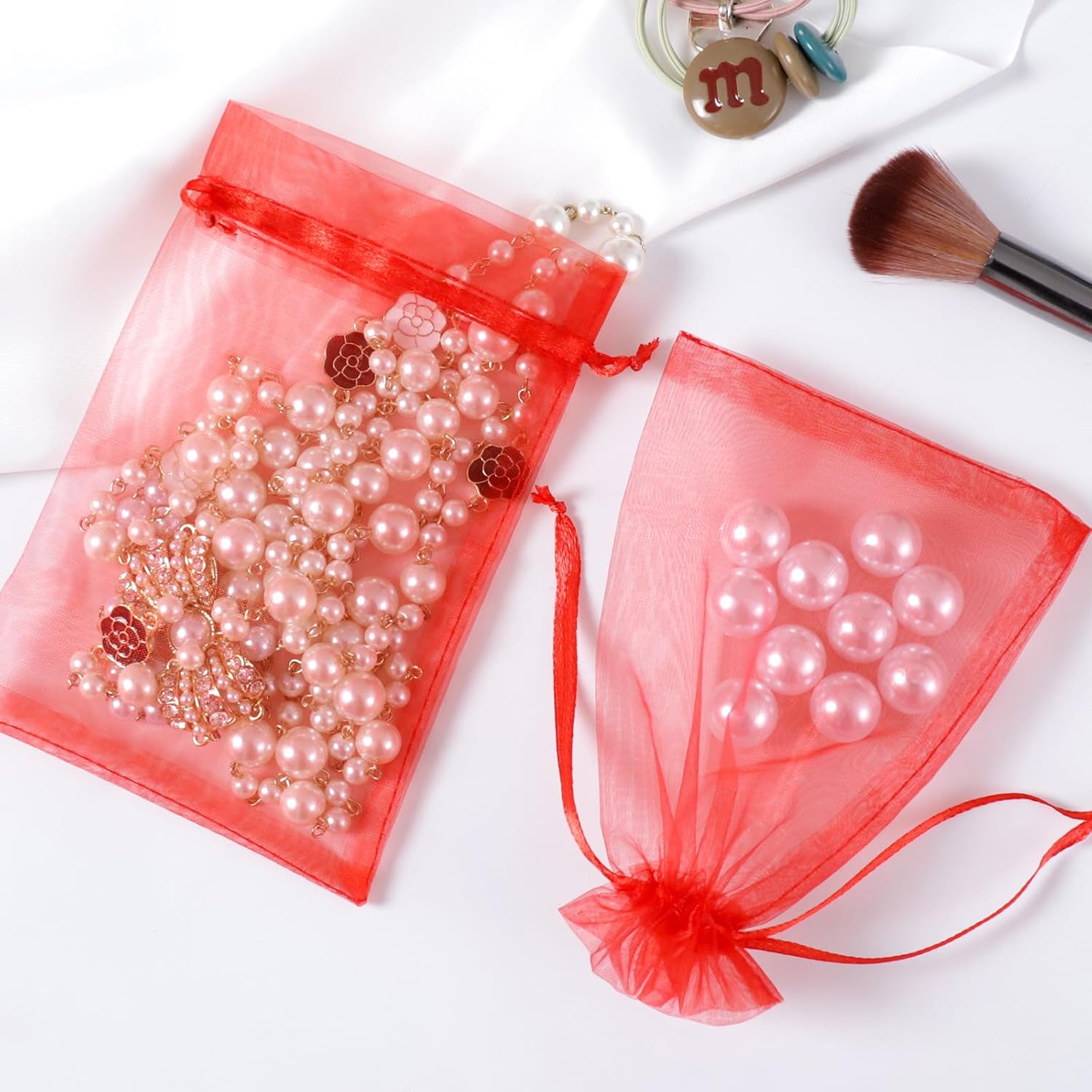 Hopttreely 100pcs Sheer Organza Bags, Red Jewelry Gift Bags, 4x6inch Christmas Wedding Favor Bags with Drawstring, Small Mesh Gift Pouches Mini Candy Bags for Valentienes Party image 3