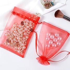 Hopttreely 100pcs Sheer Organza Bags, Red Jewelry Gift Bags, 4x6inch Christmas Wedding Favor Bags with Drawstring, Small Mesh Gift Pouches Mini Candy Bags for Valentienes Party
