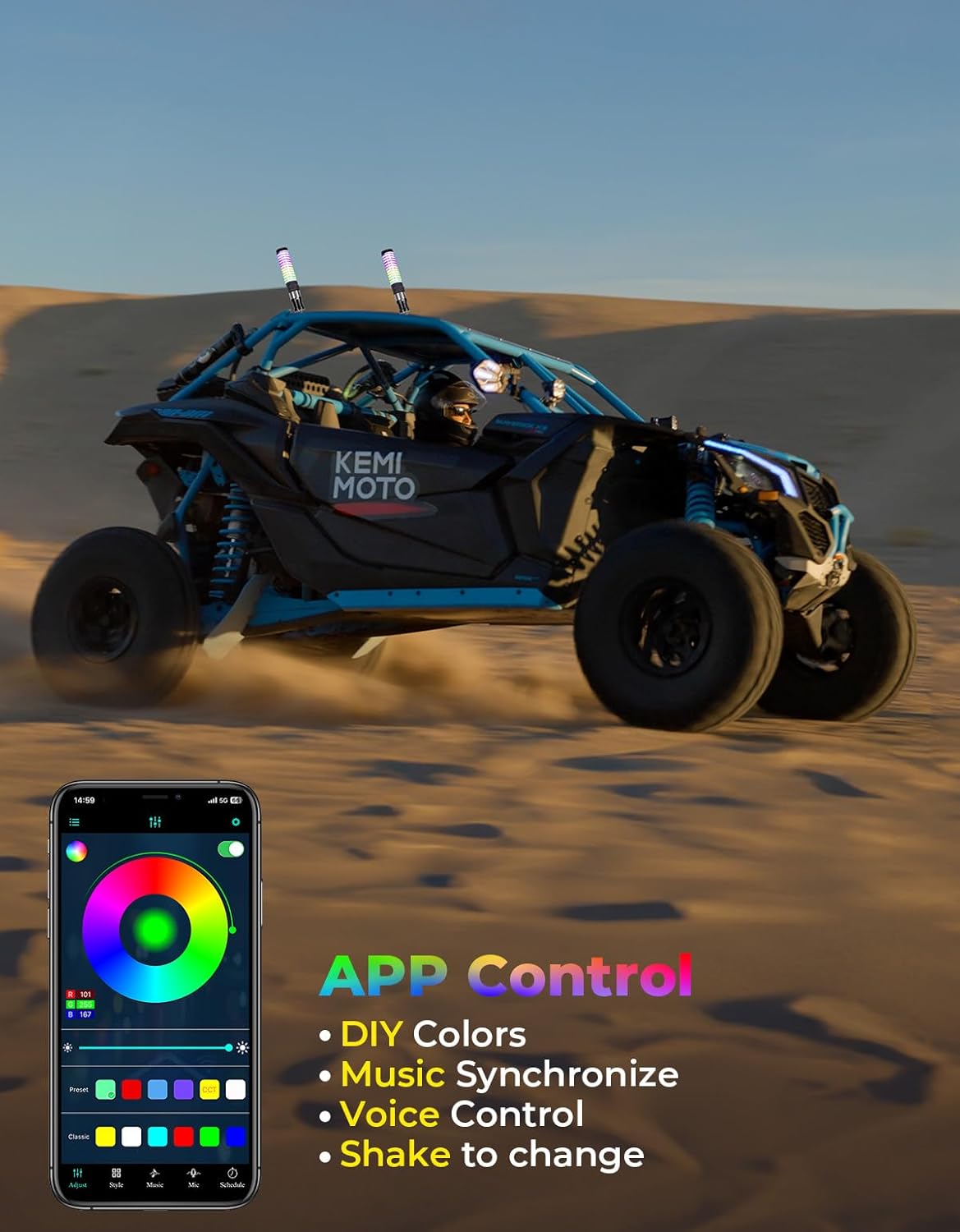 KEMIMOTO 2pc 1ft COB Fat Whip Lights for Side by Side, Turning Signal Function Compatible with Polaris RZR Can-Am Maverick X3, LED Whip Lights for UTV ATV Buggy Boat Offroad