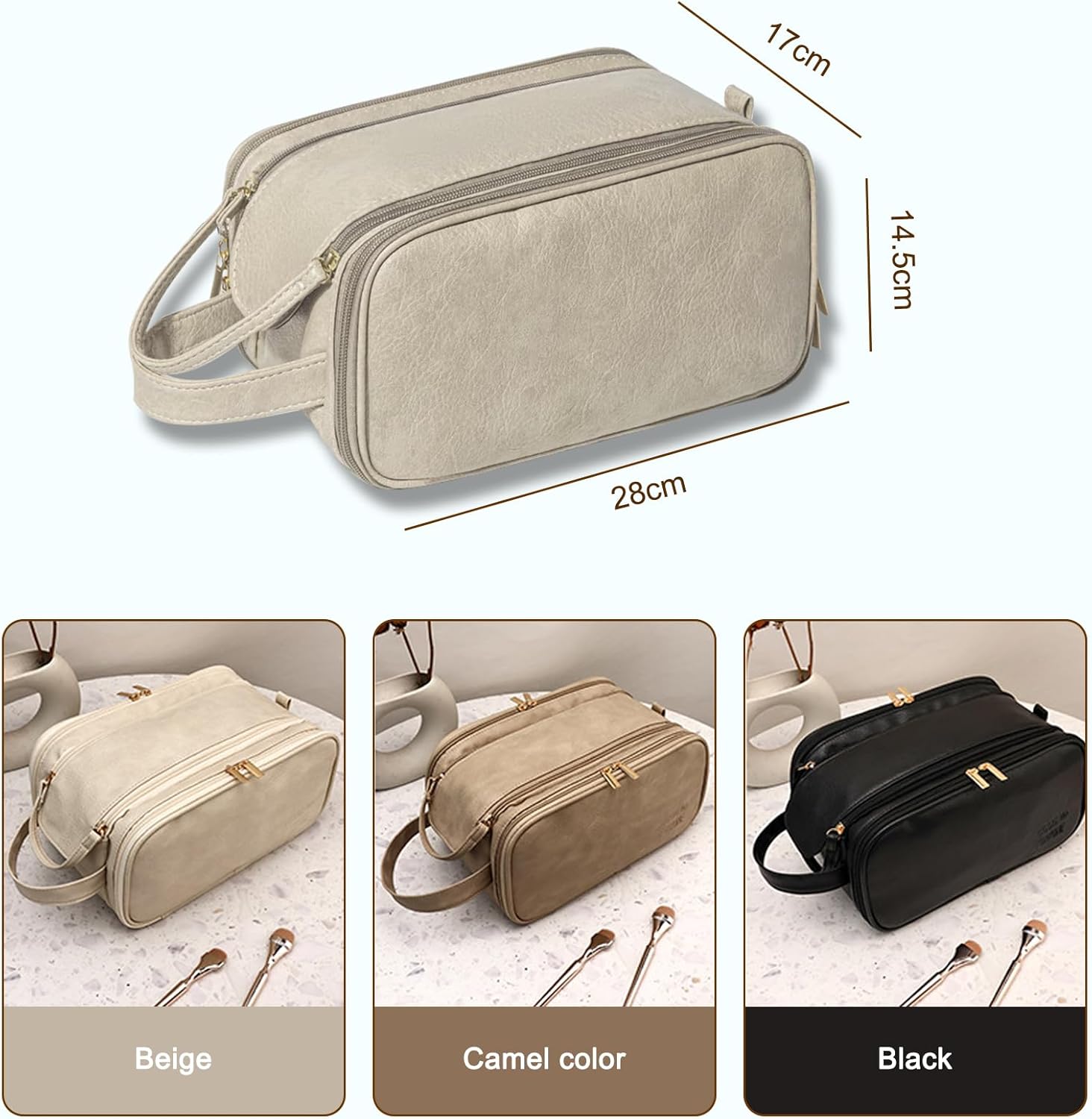 Travel Toiletry Bag for Women Men, Large Travel Toiletry Organizer Makeup Bag, Hanging Cosmetic Bag dopp kit Leather skin care Waterproof Shaving Bag for Toiletries Accessories (black) - Image 3