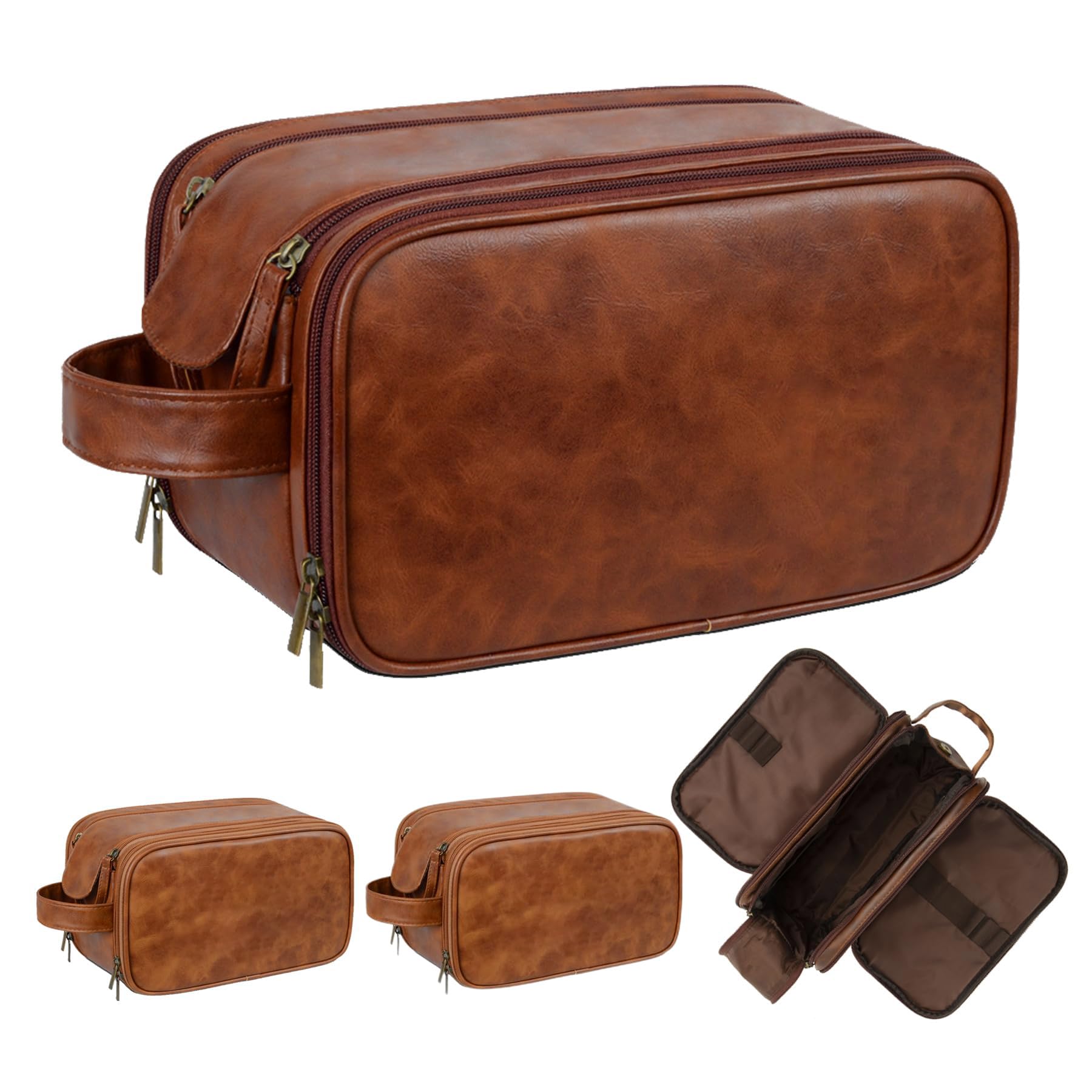 Trousse de toilette de voyage pour homme, poignée double couche, trousse en cuir synthétique résistant à l'eau, fête des pères, Noël, Thanksgiving, garçons d'honneur, cadeau de mariage (marron