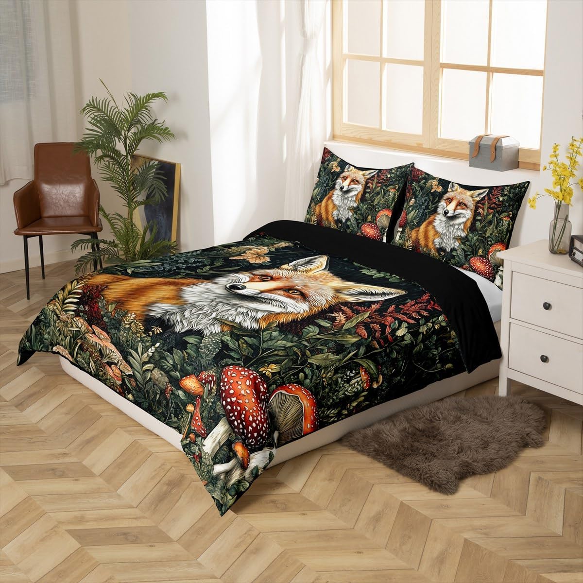 Erosebridal Fox Toddler Bedding Set Boho Jungle Animal Comforter Cover Green Retro Plant Leaves Duvet Cover for Kids Boys Girls Teen,Bohemian Mushroom Bedding Collection