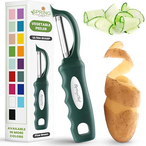 Miniatura 40 de Spring Chef Pelador de verduras giratorio profesional rojo para cocina, peladores de papas de acero inoxidable con mango de agarre suave, perfecto