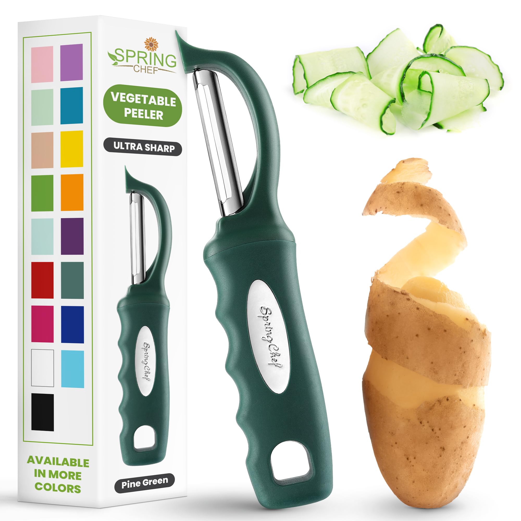 Spring Chef Premium Swivel Vegetable Peeler, Comfortable Handle and Ultra Sharp Stainless Steel Blades - Perfect Kitchen Peeler For Veggie, Fruit, Potato, Carrot, Apple - Pine Green
