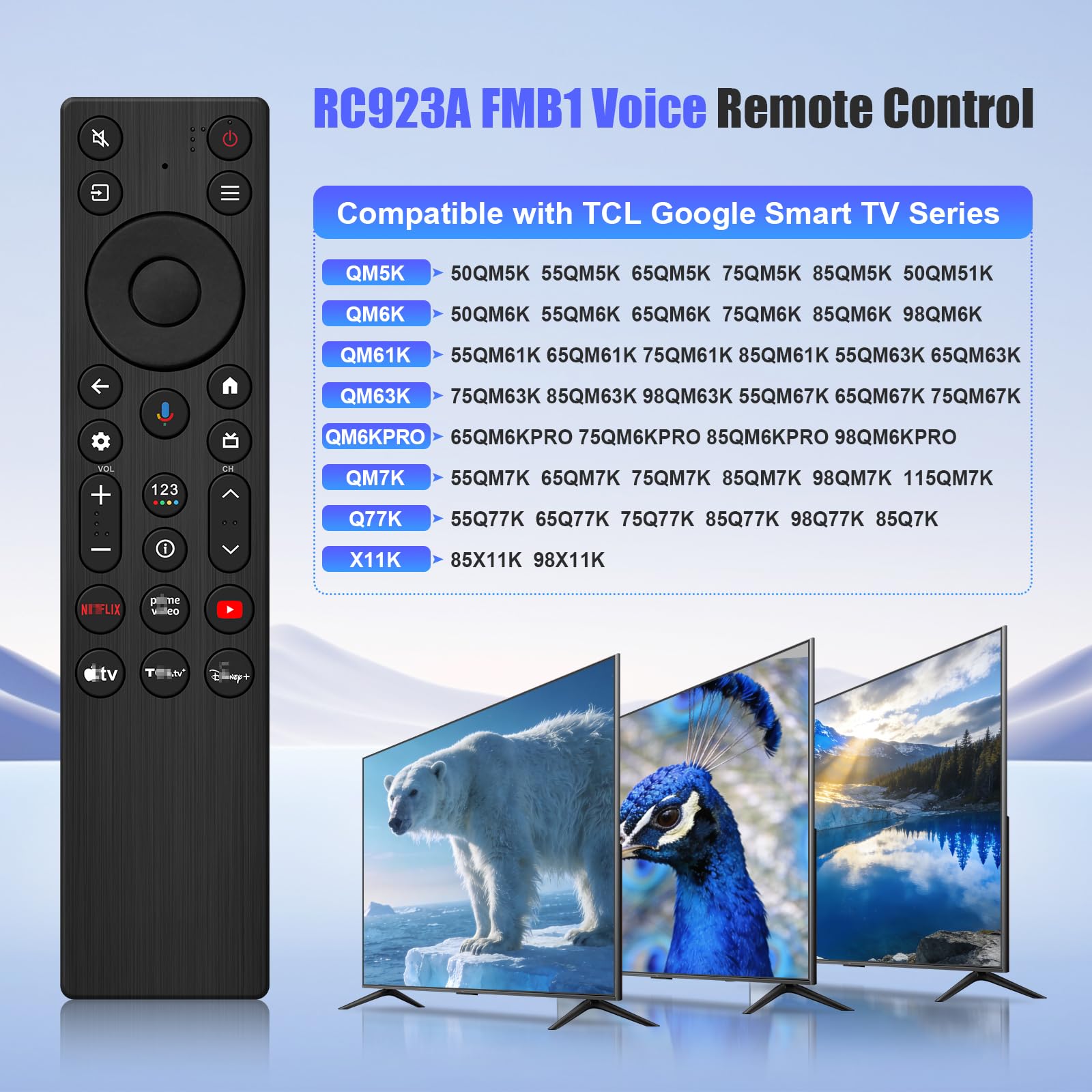 RC923A FMB1 Telecomando vocale di ricambio per TCL Google TV QM5K QM6K QM6KPRO QM7K Q77K X11K Series QLED Mini-LED 4K UHD Smart TV (codice articolo G0401-000267)