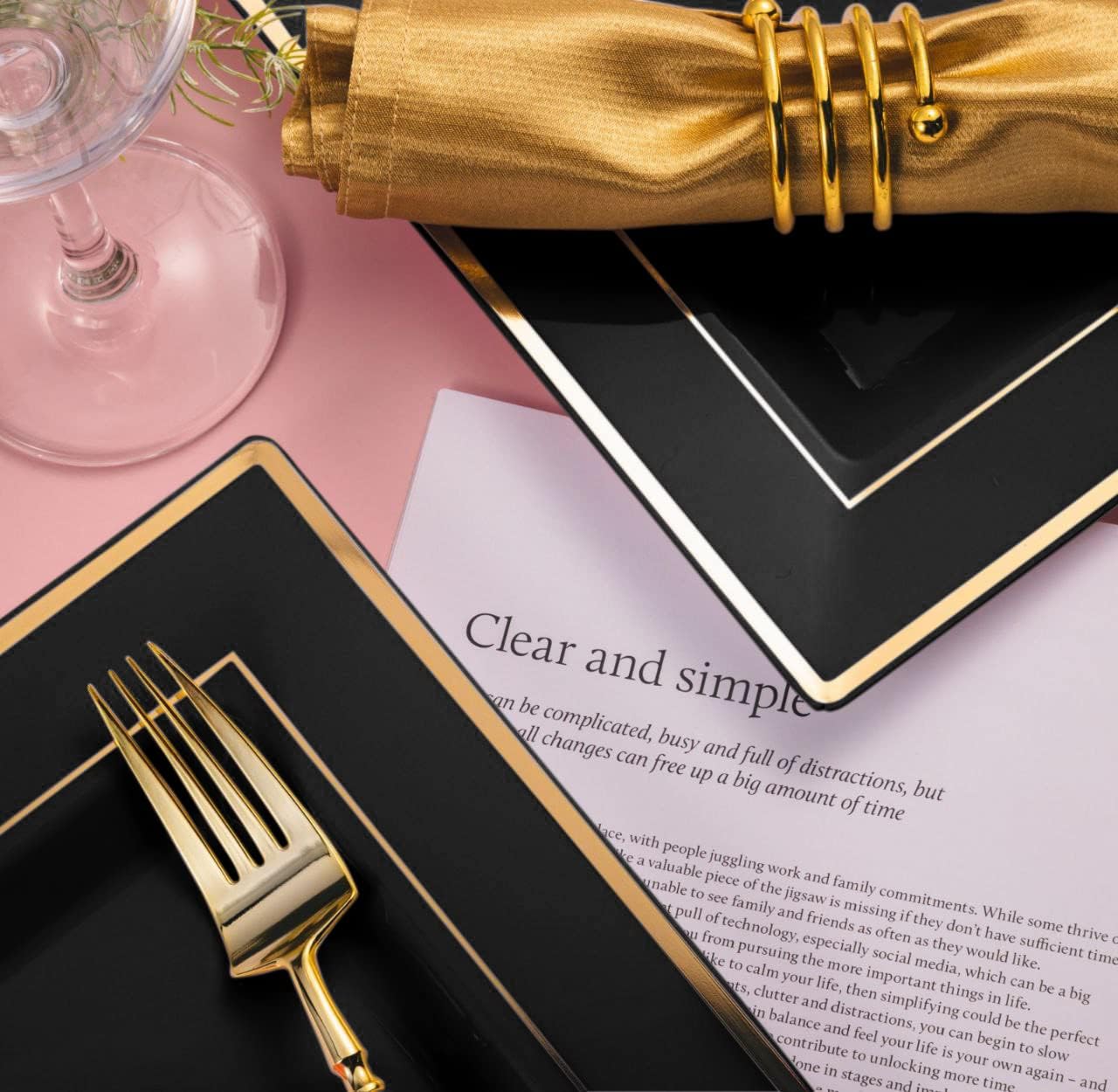 BloominGoods 100 PCS Disposable Plastic Black Square Plates, 100-Pack 6.5 & 10 In. Combo Premium Heavy Duty Gold Rim Square Plastic Plates, Ideal For Wedding, Party, Event Or Catering