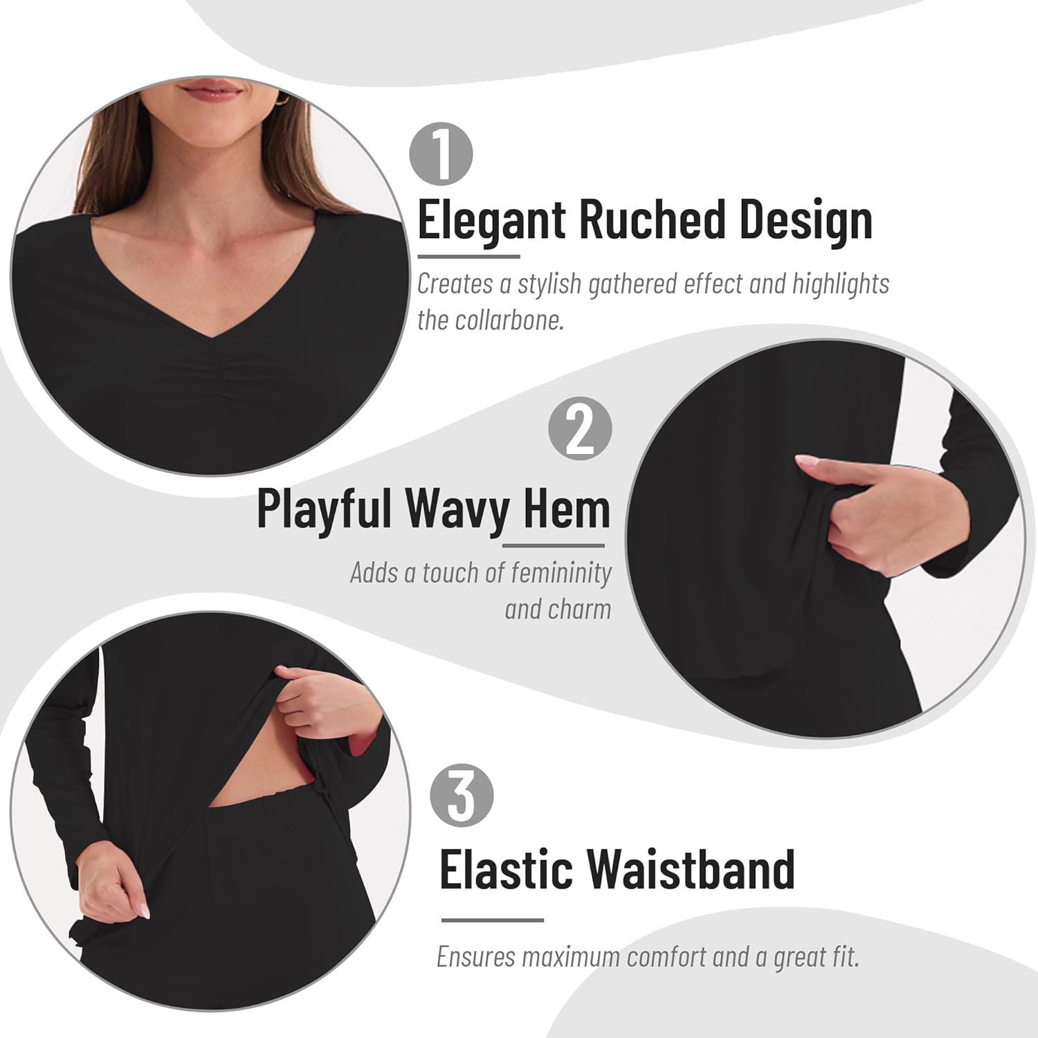 Women's Soft Knit Pajamas Set V-Neck Top and Pants Long Sleeve Two Piece Loungewear Elegant Wavy Hem Sleepwear - Image 5