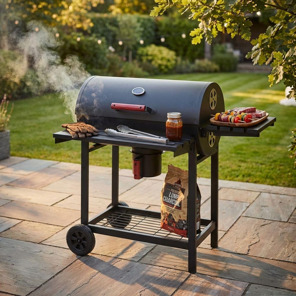 Milani Home - barbecue a carbonella, acciaio, affumicatore cottura lenta con ruote, nero