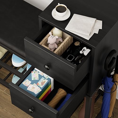 Miniatura 2 de Perchero de entrada de 39 pulgadas con 2 cajones y 3 cubículos, banco de entrada 7 en 1, árbol de pasillo con banco y almacenamiento de zapatos,