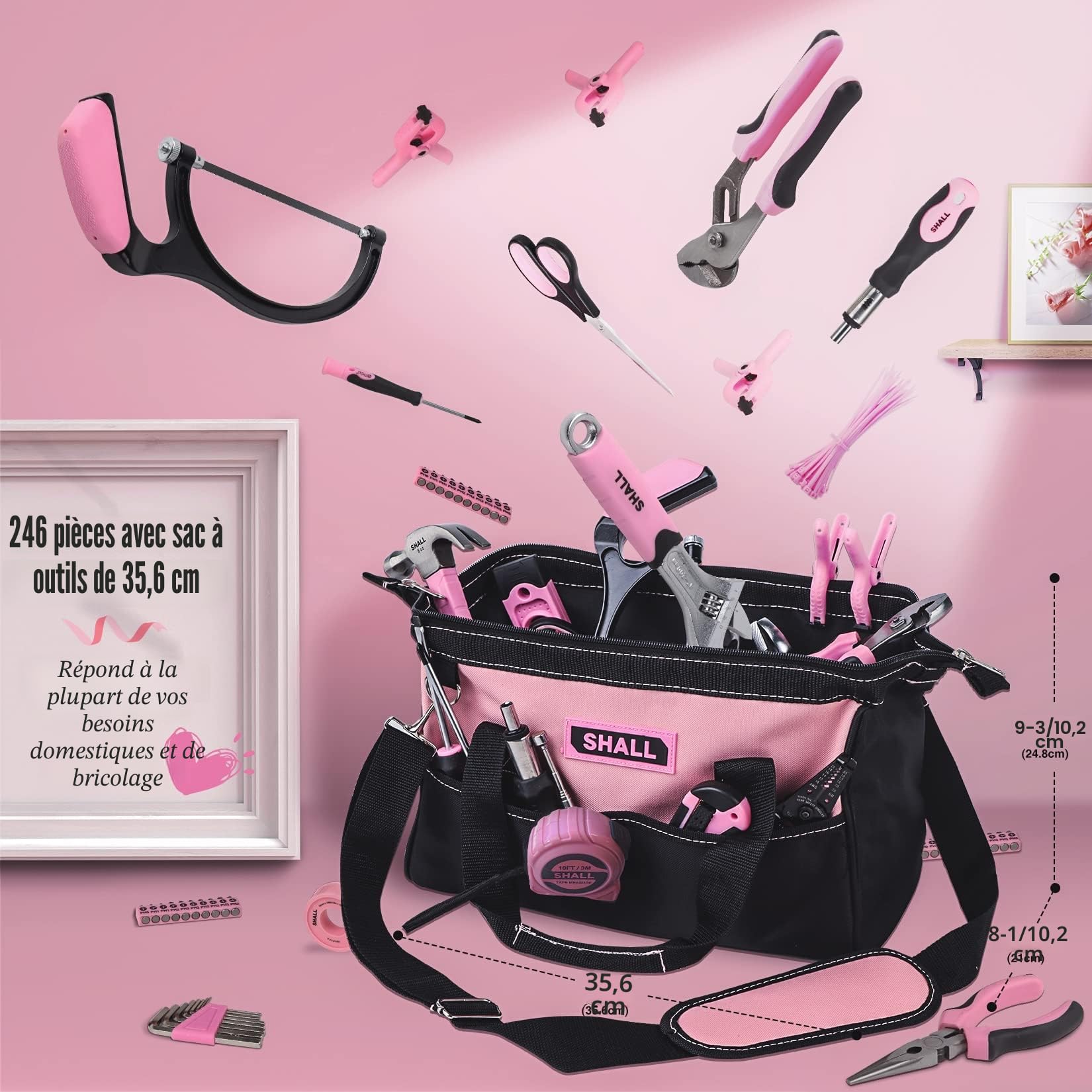 SHALL Ensemble d'outils à main de 246 pièces pour femme, rose, acier forgé, kit d'outils de base pour la maison