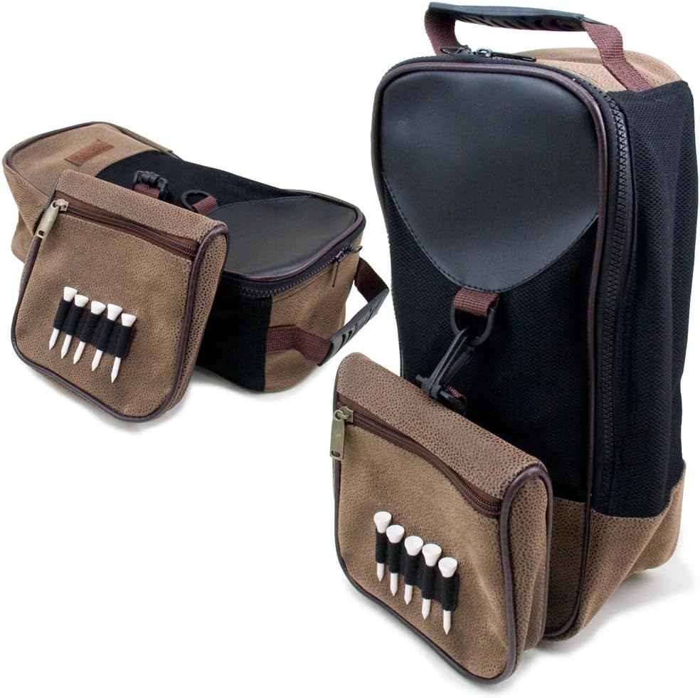 Stylish Leather Golf Shoe Bag with Mesh & Tee Holder