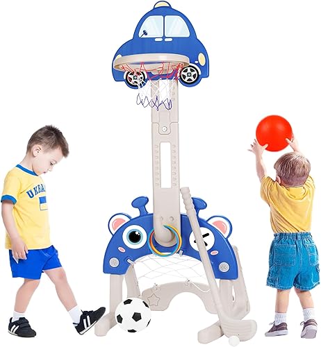CYFIE Aro de baloncesto para niños, aro de baloncesto de altura ajustable 4 en 1, portería de fútbol, lanzamiento de golf y anillo, juego de centro