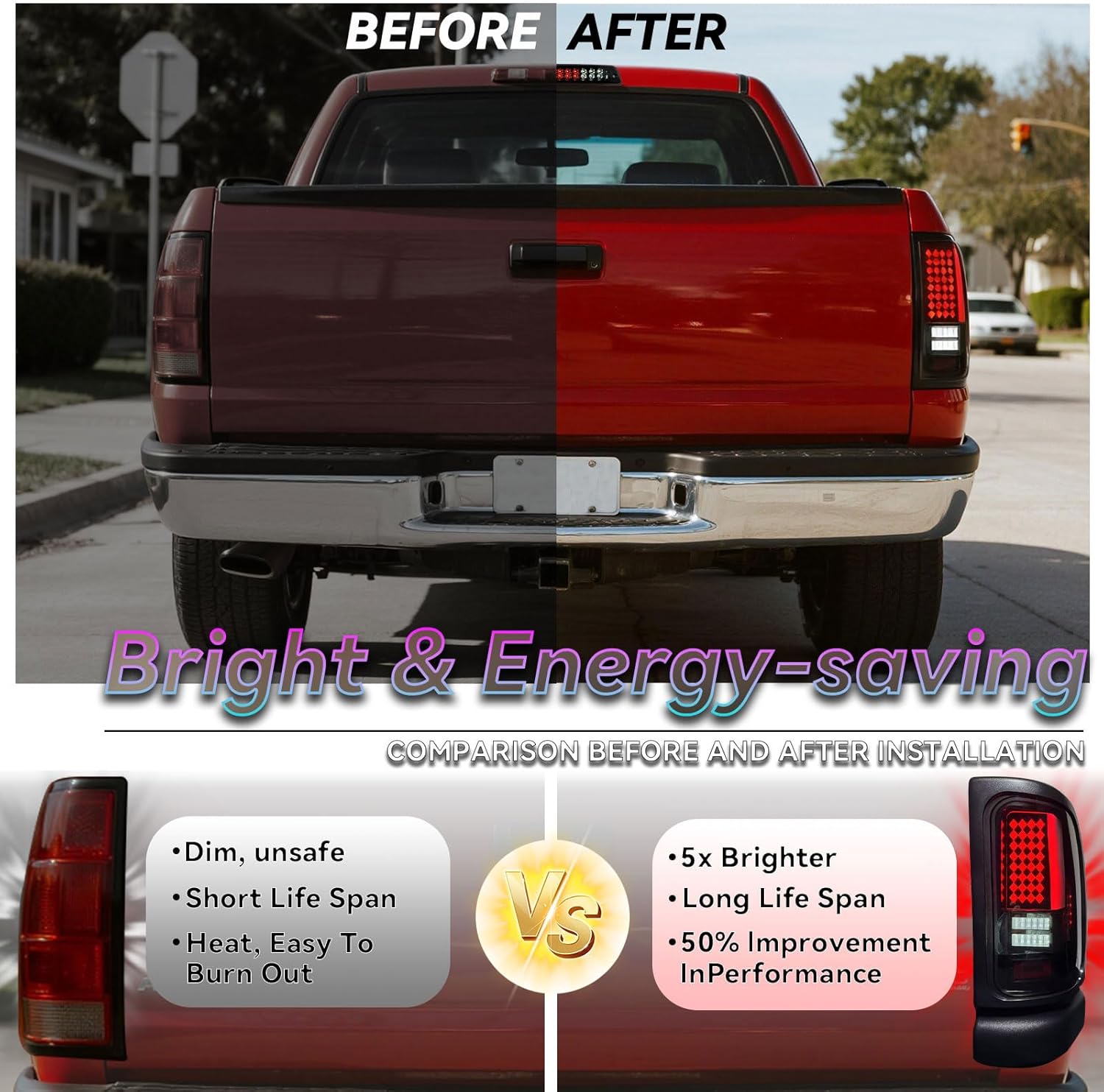 All-in-one LED Tail Light+3rd Brake Light for Dodge RAM 1500 1994-2001, Ram 2500 3500 1994-2002, Upgraded VersionRear Taillight Assembly,55055264AC，55055265AC