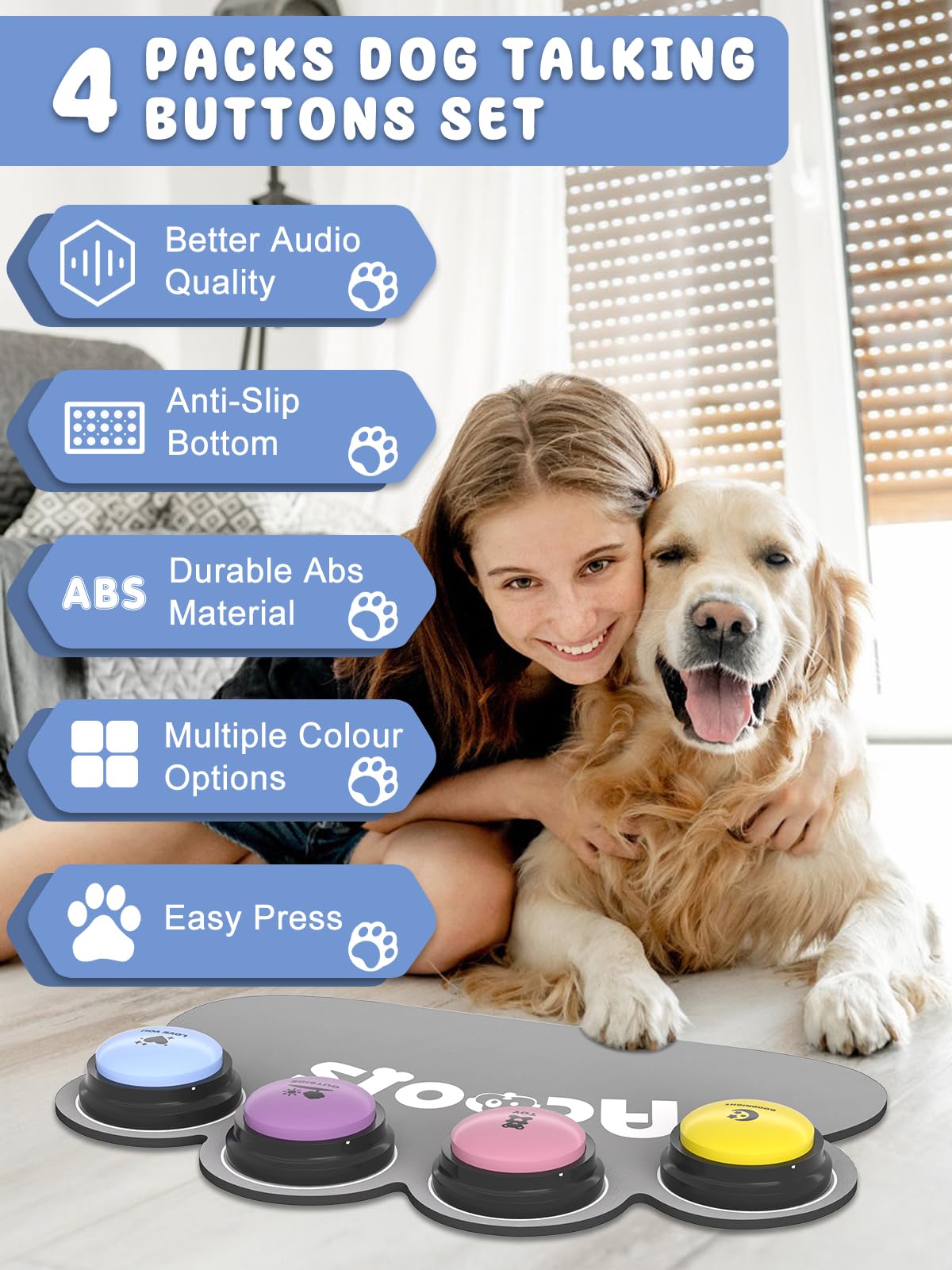 Juego de 4 botones parlantes para perros, botones de perro para comunicación, botones de entrenamiento de voz grabables de 30 segundos, botón de conversación para perros con botones antideslizantes